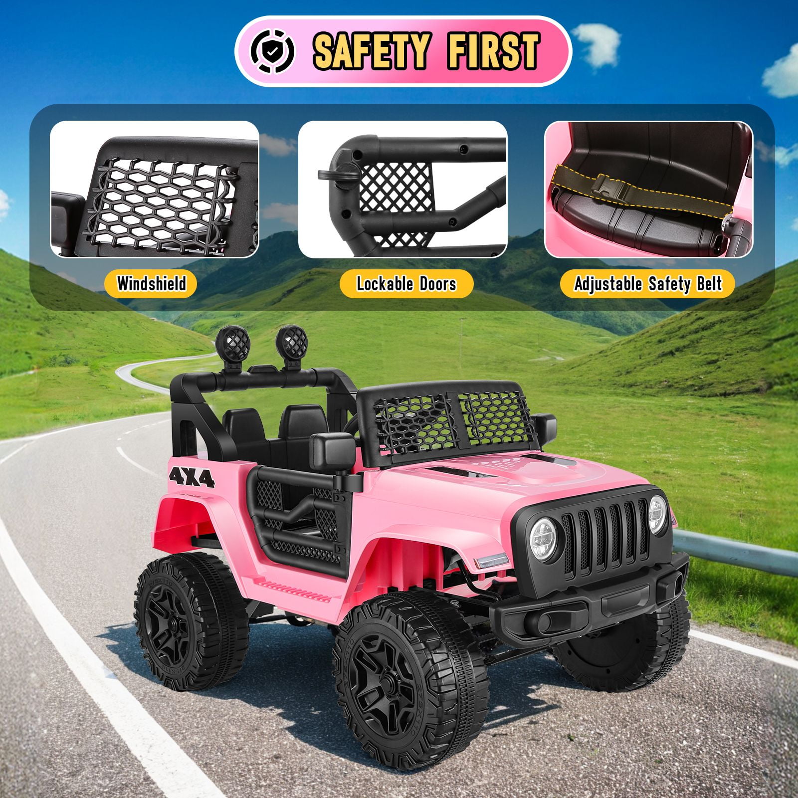 Funcid 12V 7AH Kids Powered Ride on Truck Car with Parent Remote Control, Bluetooth Music, Spring Suspension, LED Lights - Pink - Image 3