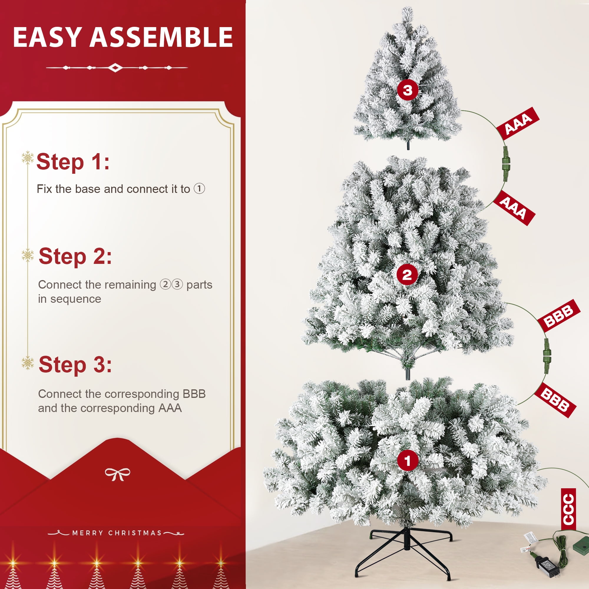 IZNEN 7.5ft Pre-Lit Snowflake Flocked Christmas Tree,8 Modes LED Lights,Artificial Xmas Tree with Storage Bag - Image 7