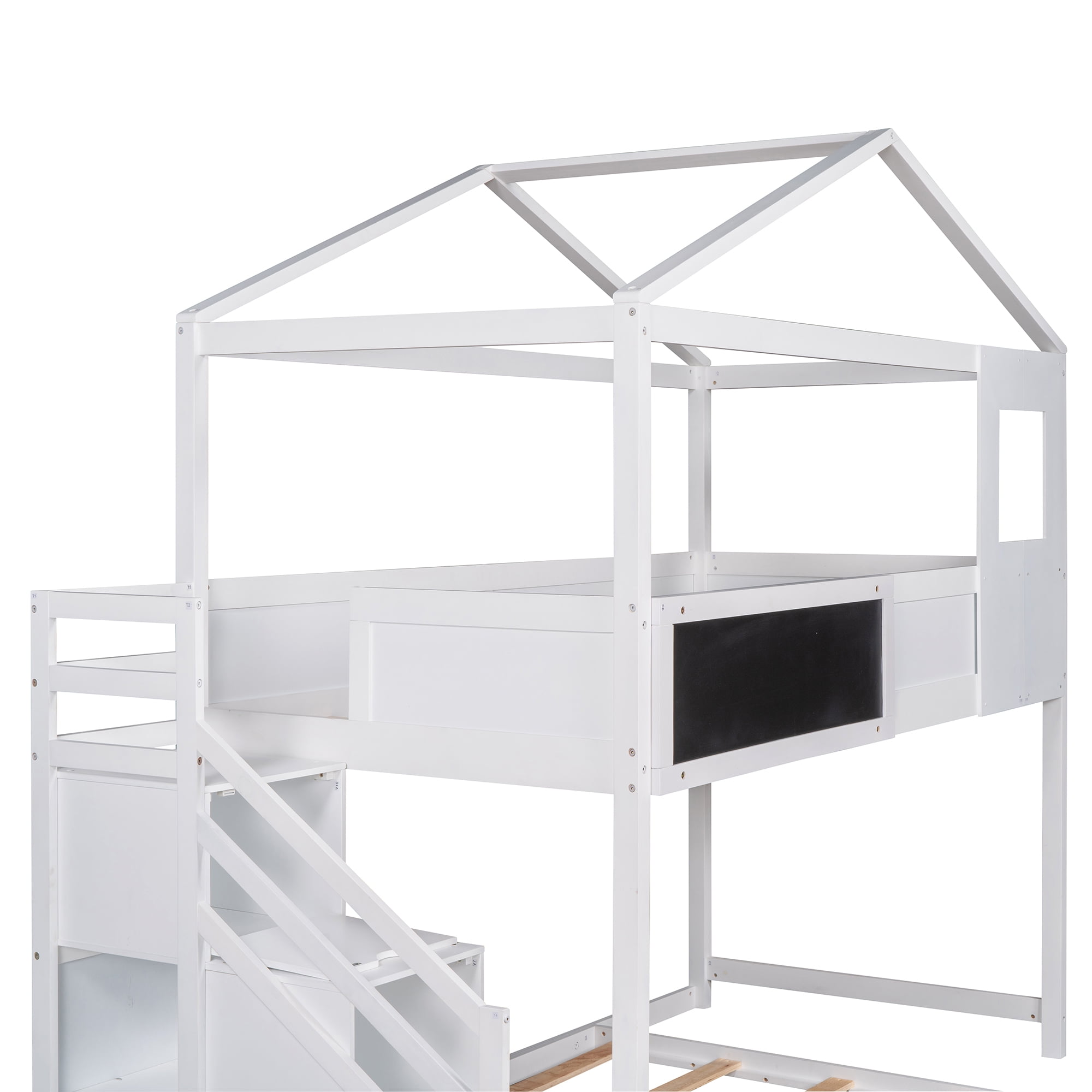 Euroco Twin over Full House Bunk Bed with Storage Staircase and Writting Blackboard for Kids Teens Bedroom, Moverable Lower Bed, White - Image 21