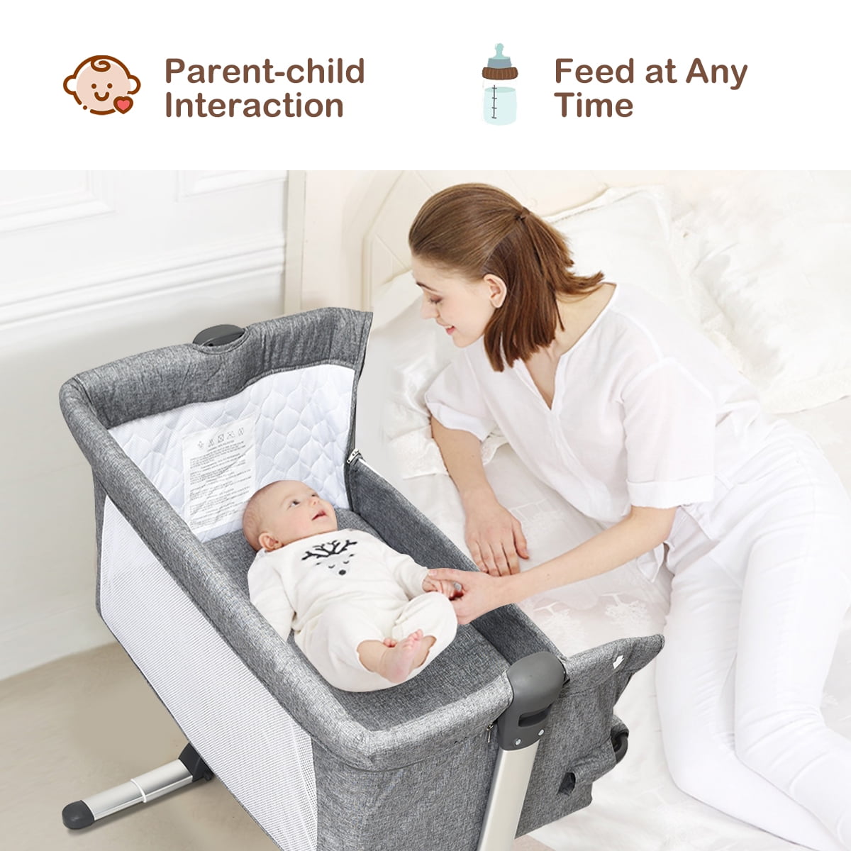Costway Baby Playard Bassinet Bed Side Crib Infant Sleeper Breathable Mesh with Carrying Bag Gray - Image 9
