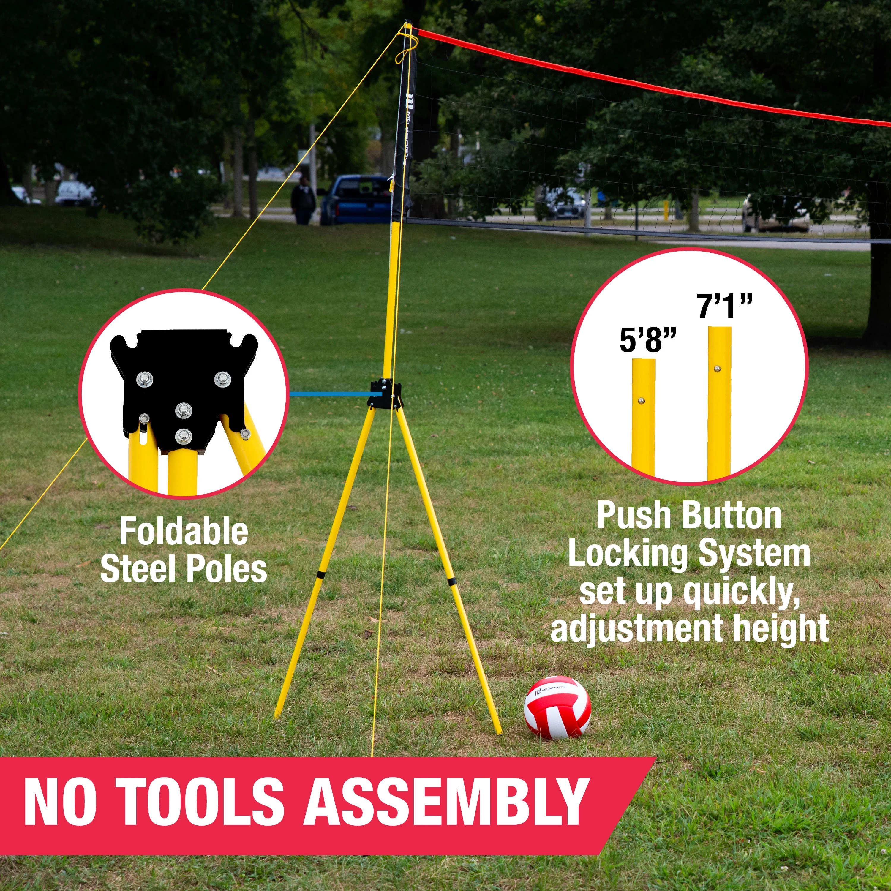 30 ft Volleyball Set, Quick Assembly, Official Size Net with Adjustable Height, Steel Poles, Ball Included, by MD Sports - Image 3