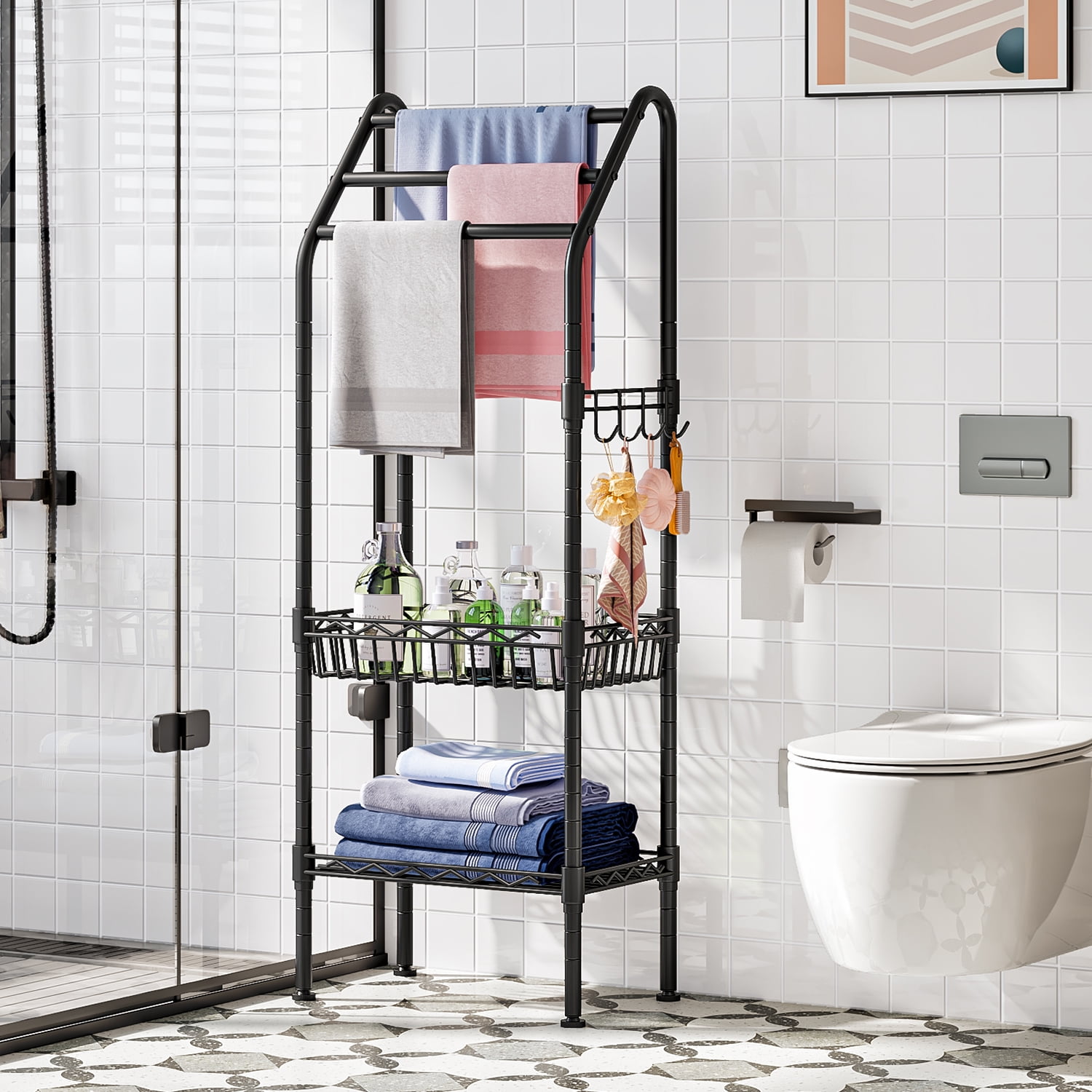 Untyo Metal 3 Tiers Free-Standing Towel Rack, Adjustable Bathroom Storage Organizer Shelf, Bath Towel Standing Shelf for Swimming Pool, Black - Image 3