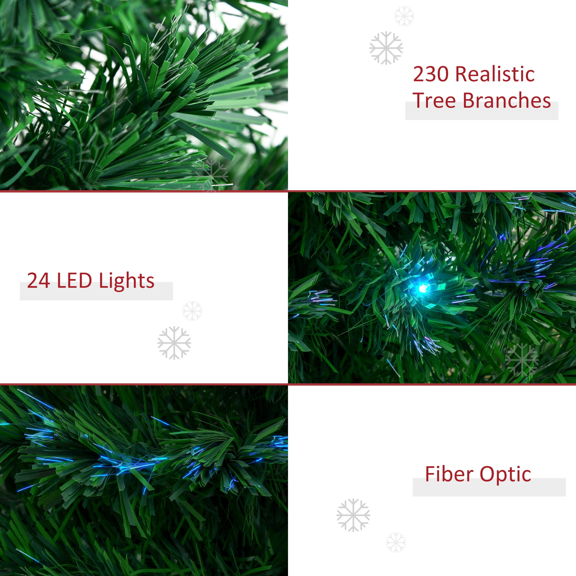 HomCom Multi-color LED Green Prelit Noble Fir Artificial Christmas Tree, with 230 Tips including 24 Pre Programmed Fiber Optic Lights 6' - Image 3