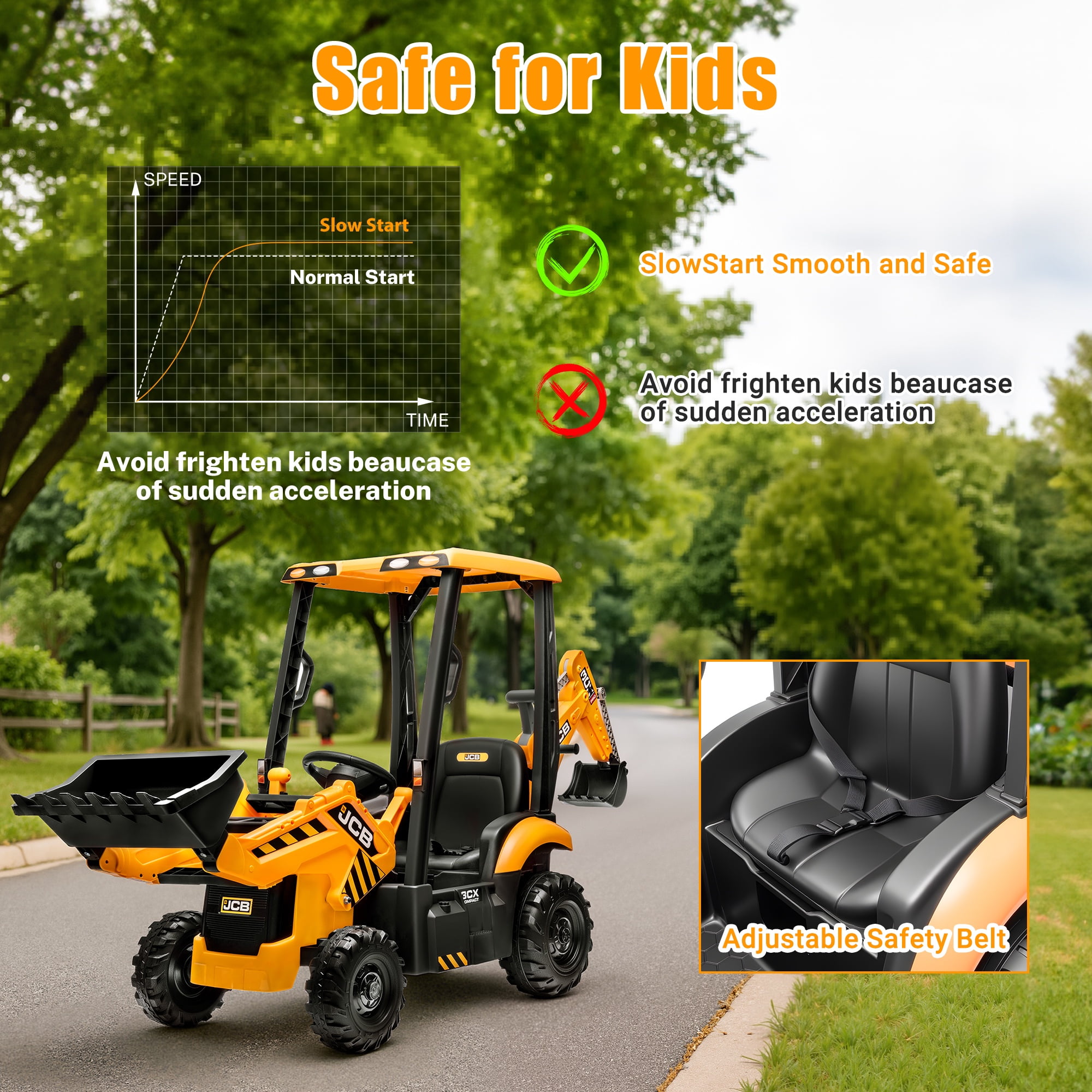12V Kids Ride on Excavator Digger Toy Cars, JCB Battery Powered Electric Tractor with Remote Control, Ride on Construction Truck w/Adjustable Front/ Back Loader and Shovel for 3-6 Boys Girls, Yellow - Image 12