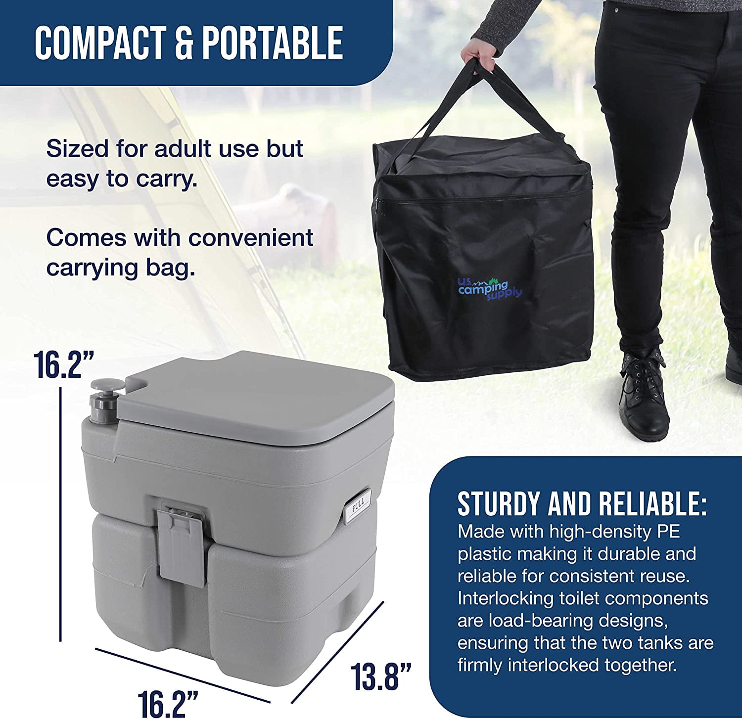 U.S. Camping Supply Portable Toilet with Carry Bag, 5.3 Gallon Waste Tank - Compact Indoor Outdoor Dual Outlet Commode - Travel, Camping, RV, Boating, Fishing - Traveling Bathroom, Water Flush Pump - Image 5