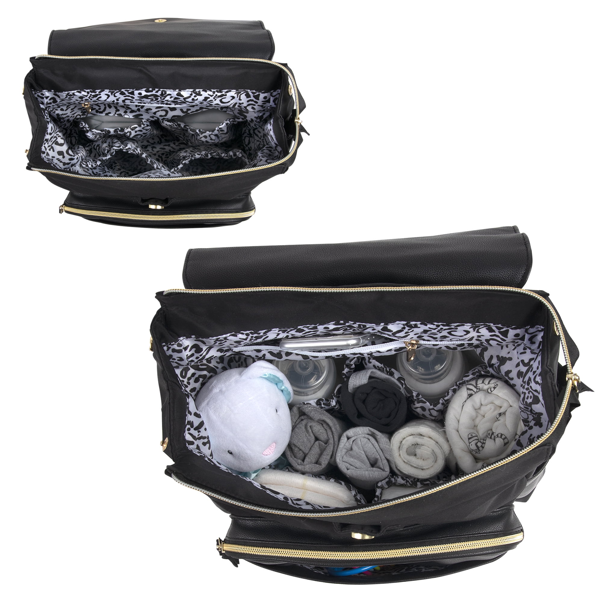 Jessica Simpson Black Vegan Leather Multi-Pocket Magnetic Flap & Zipper Closure Fashion Diaper Bag Backpack with Snow Leopard Print Interior, Matching 3-Ply Folding Baby Changing Pad - Image 5