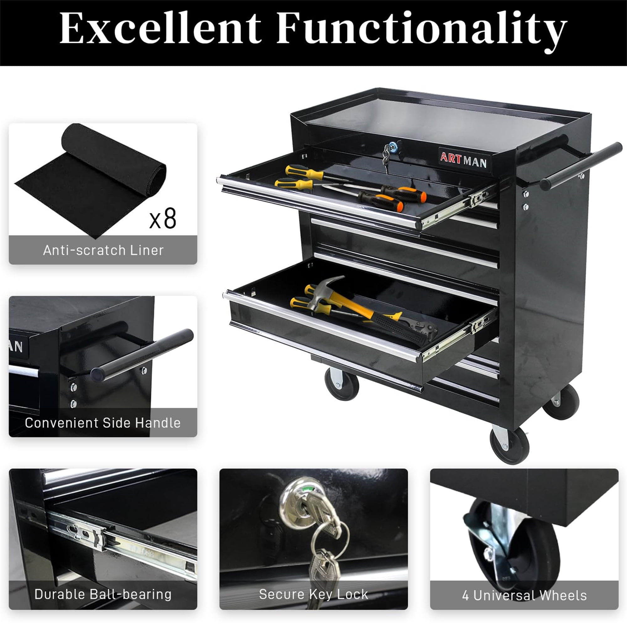 Aukfa Tool Chest, 24.5 in 7-Drawer Steel Rolling Tool Box on Wheels for Workshop Garage, Black - Image 7