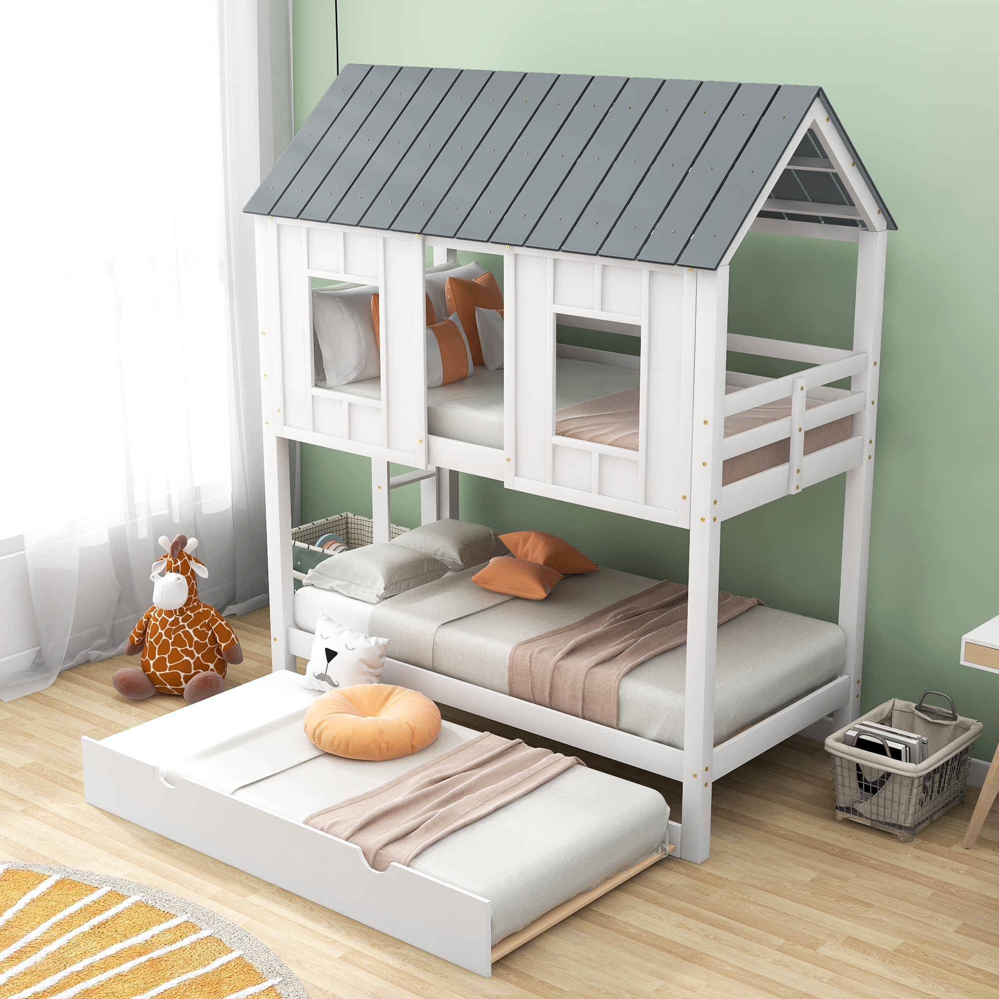 EUROCO Twin Size House Bunk Bed with Roof and Trundle for Kids Teens Bedroom, White - Image 11