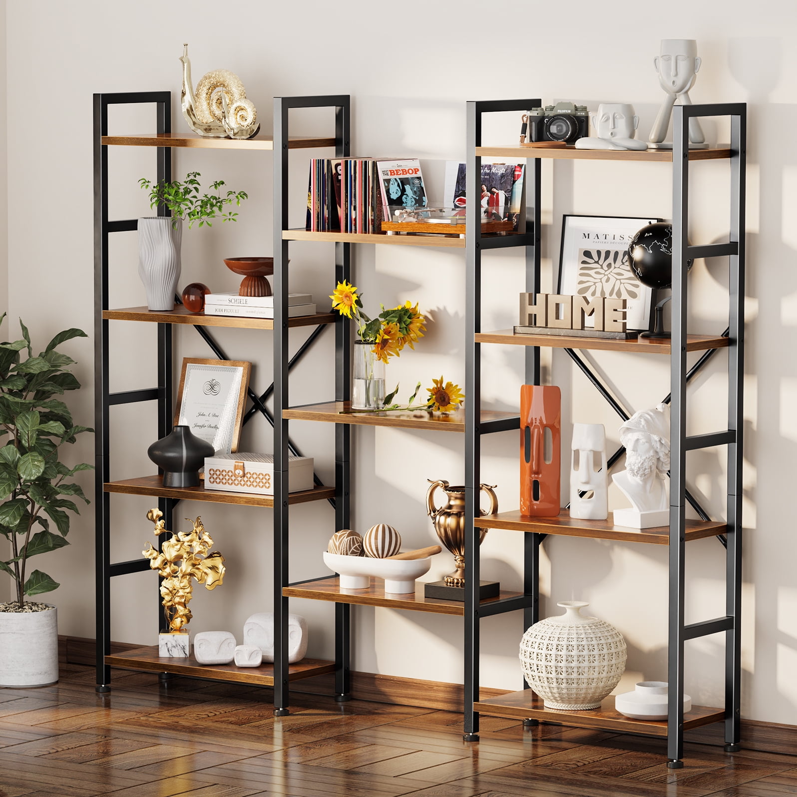 4 Tiers Industrial Bookcase and Bookshelf, Metal Wood 11 Display Shelves, Large Book Shelf for Living Room, Storage Shelf Organizer, Book Case in Brown - Image 8