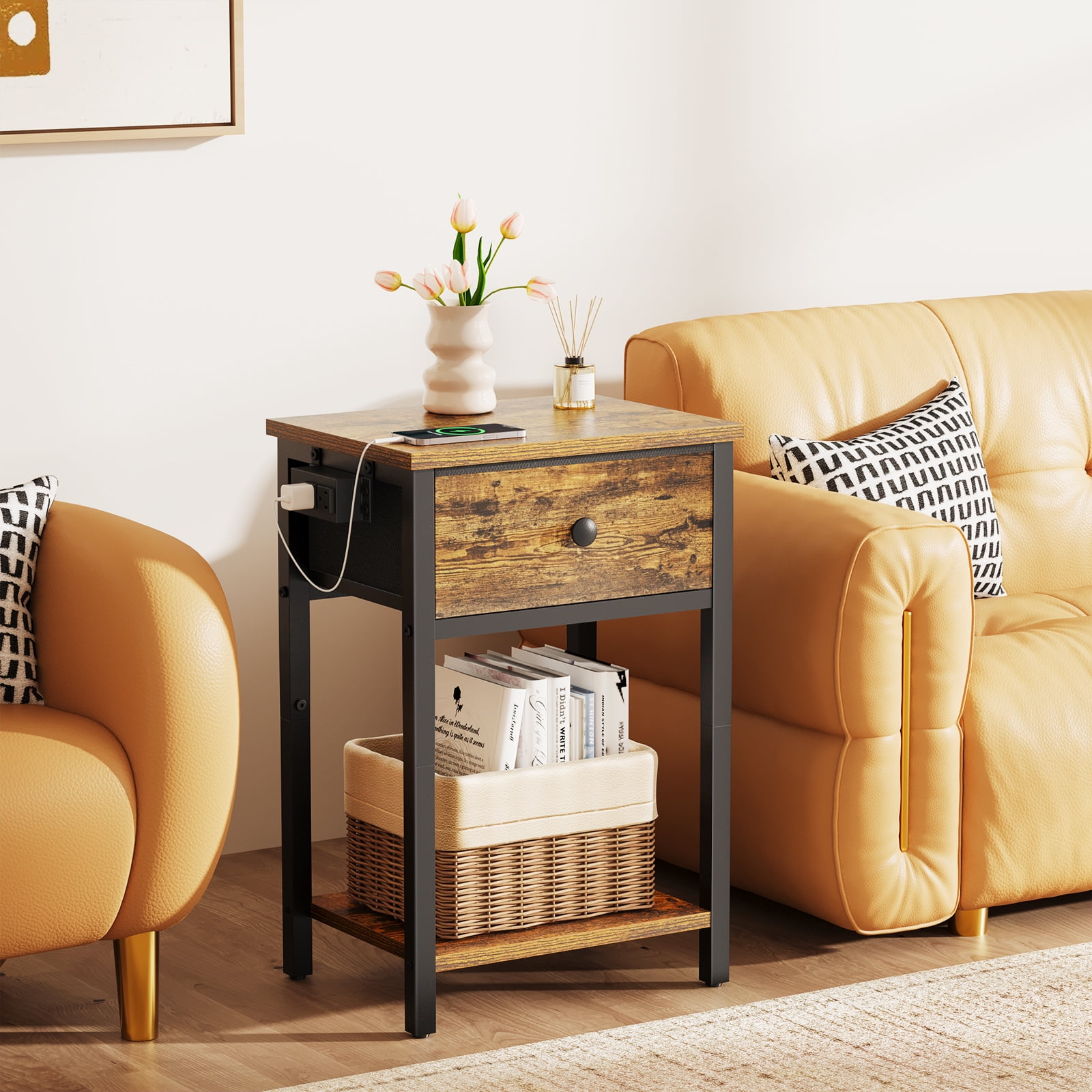 Yoobure Nightstand with Charging Station, Side Table with Large Drawer and Storage Shelf, Rustic Bedside Tables with USB Ports & Outlets for Bedroom,Living Room - Image 5