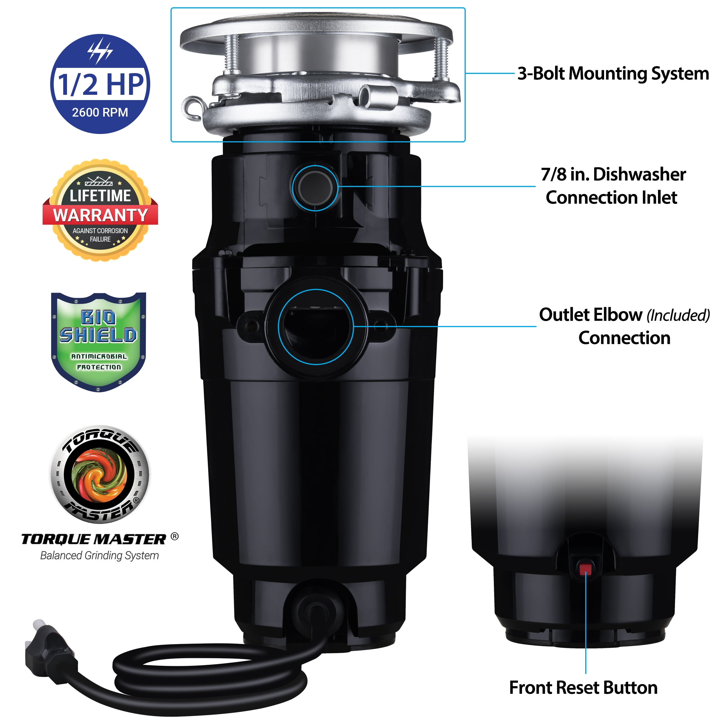 Waste Maid Economy 1/2 HP Continuous Feed Garbage Disposal with Attached Power Cord 10-US-WM-058-3B - Image 7