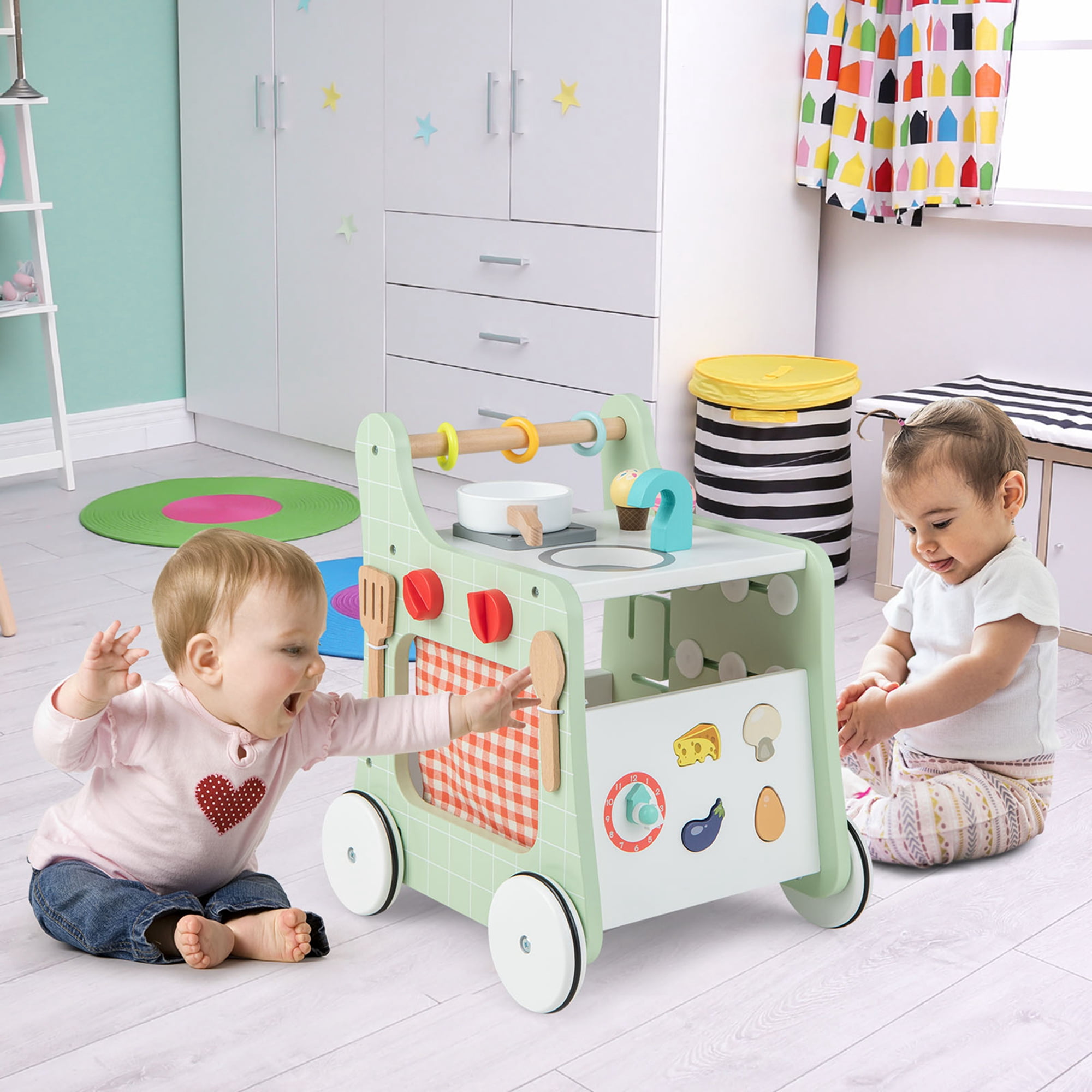 Costway 6-in-1 Baby Push Walker Wooden Strollers Learning Activity Center Toy with Kitchen 12+ months+ Green - Image 6