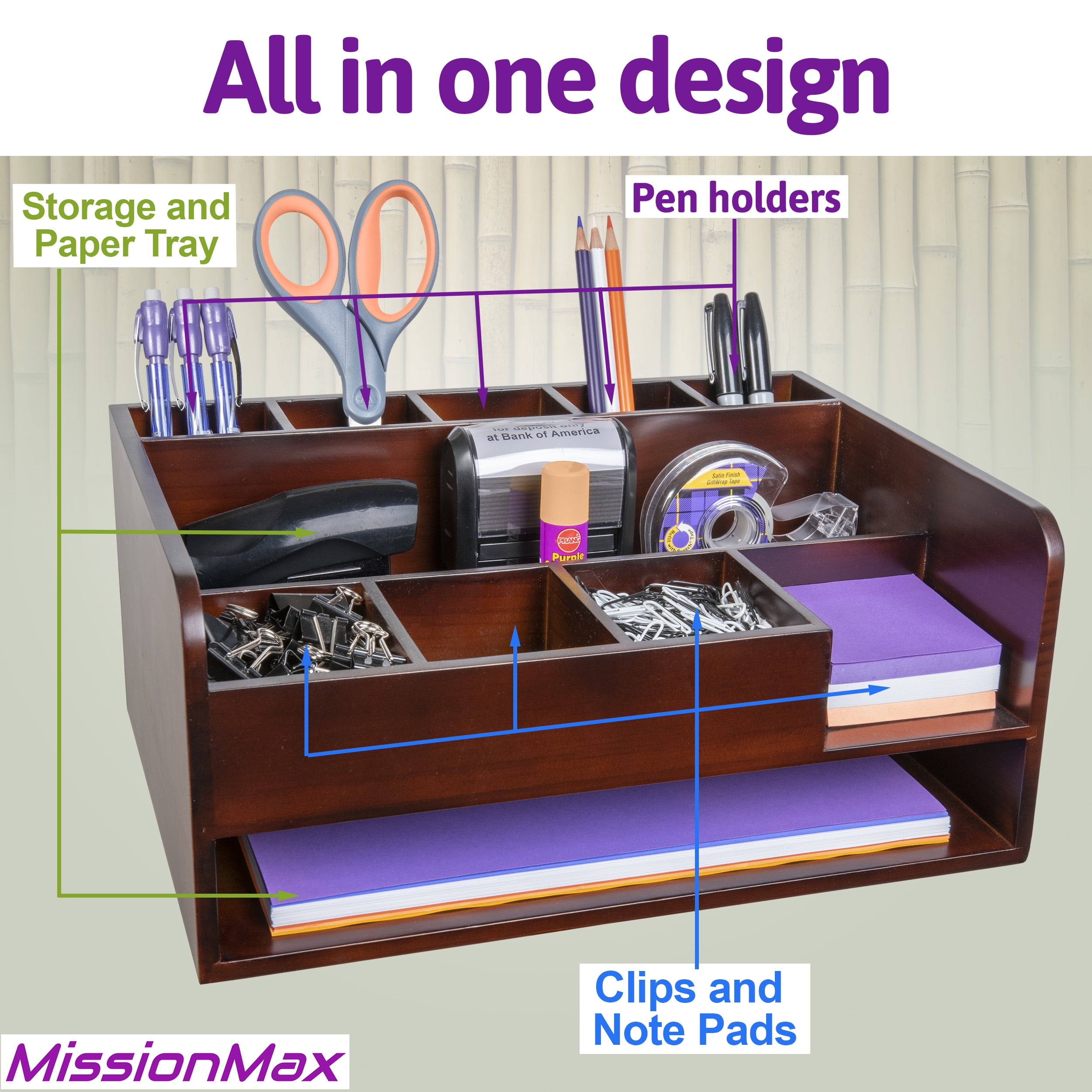 MissionMax Brown Desk Organizer with File Tray and Compartments for Stationary Supplies - Image 5