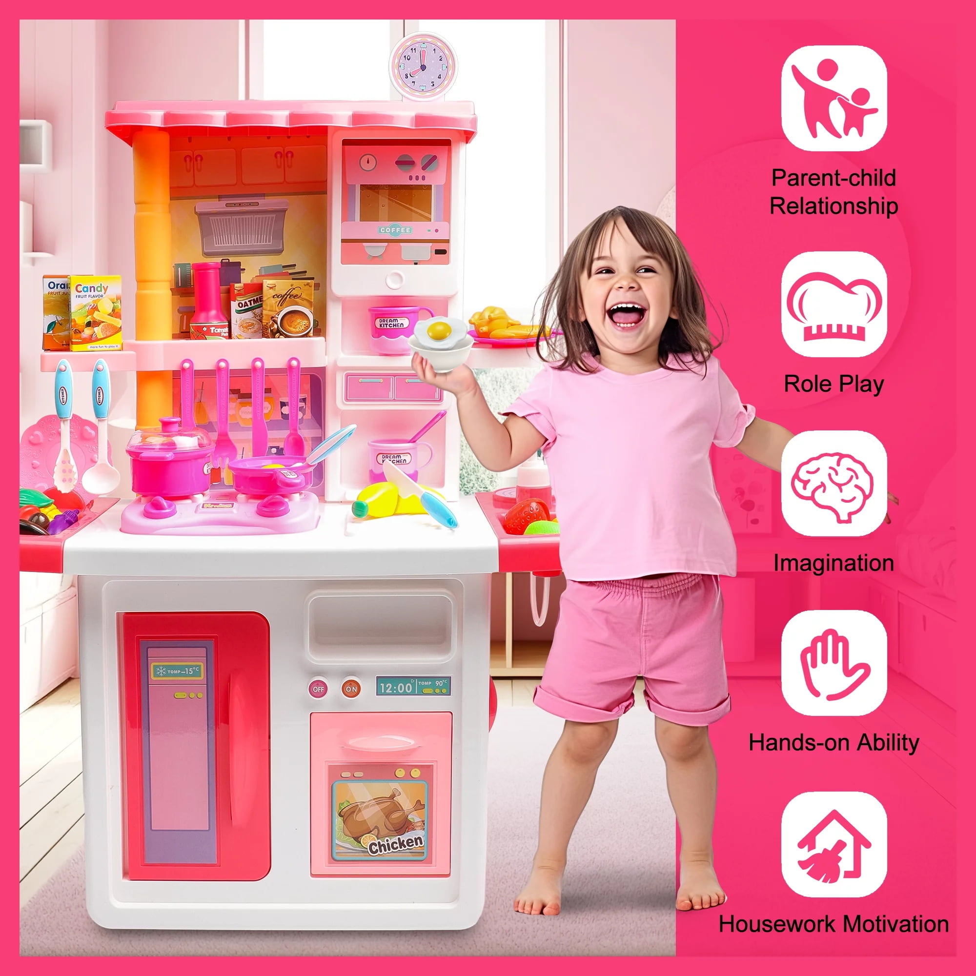 JBeeCtrl Play Kitchen Set for Kids Girls 33Inch Pink Toy Pretend Food Kitchen Toys Gift for Toddlers Girls Boys Age 3 4 5 6 7 - Image 7