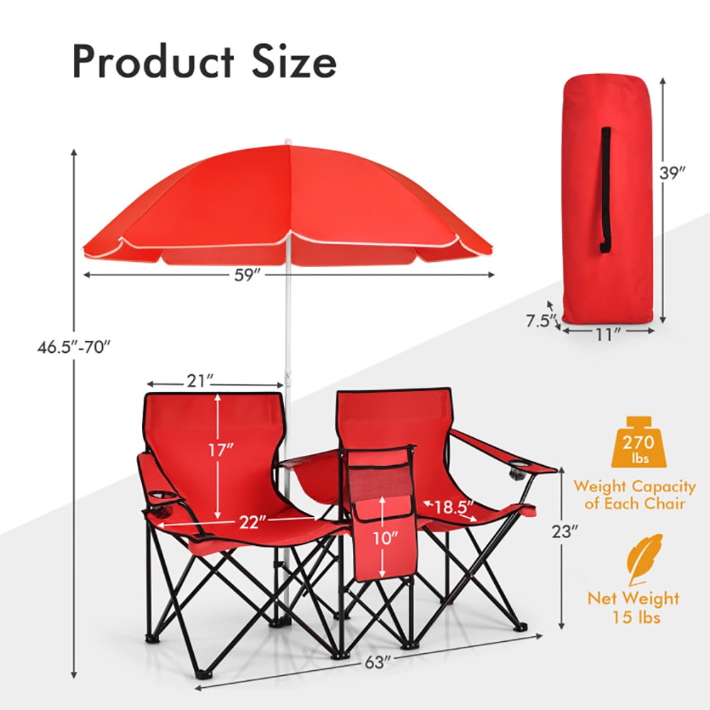 Canddidliike Portable Folding Picnic Double Chair With Umbrella-Red,Portable Double Folding Chair For Beach,Camping - Image 4