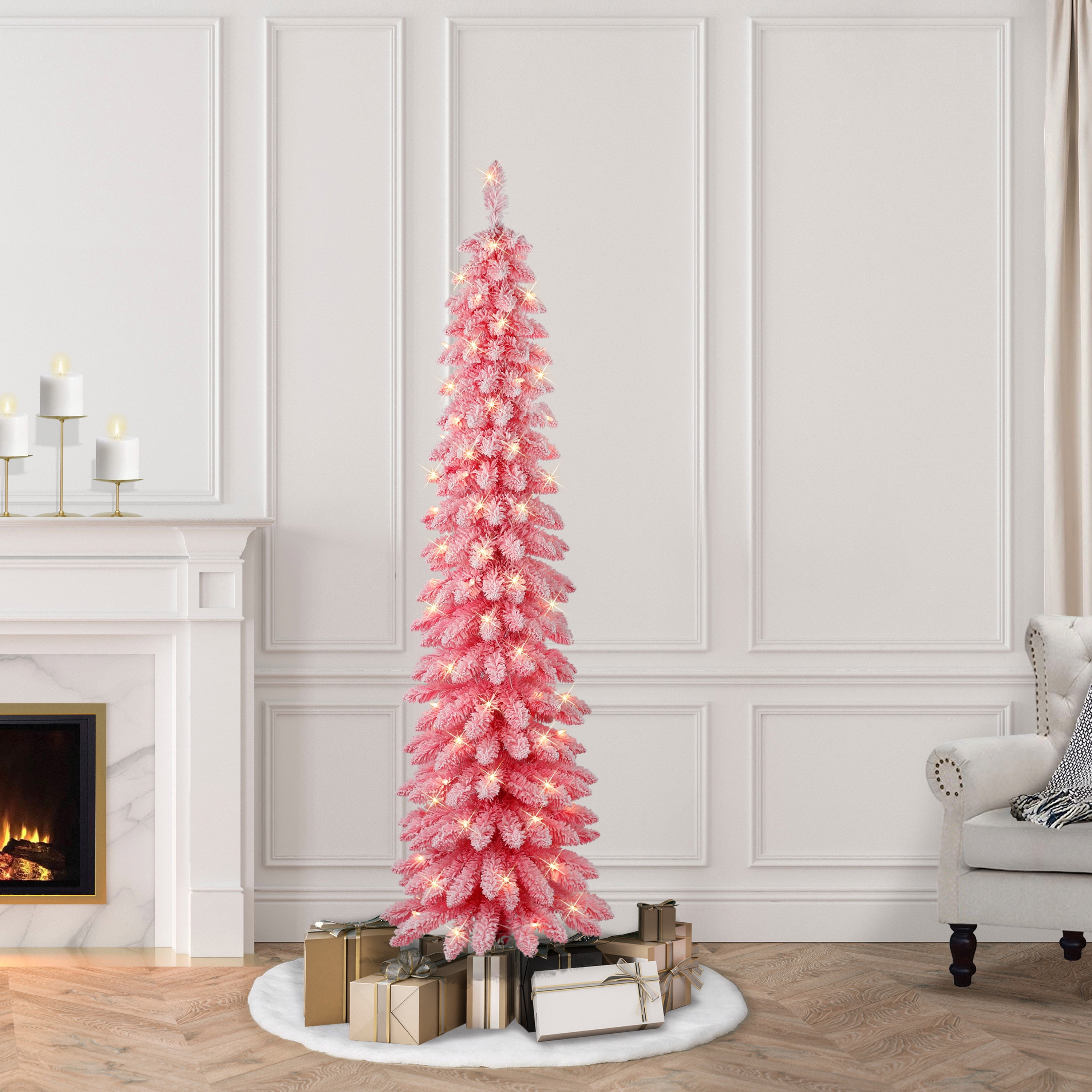 6 ft Pre-Lit Flocked Pink Artificial Alpine Pencil Tree - Image 4