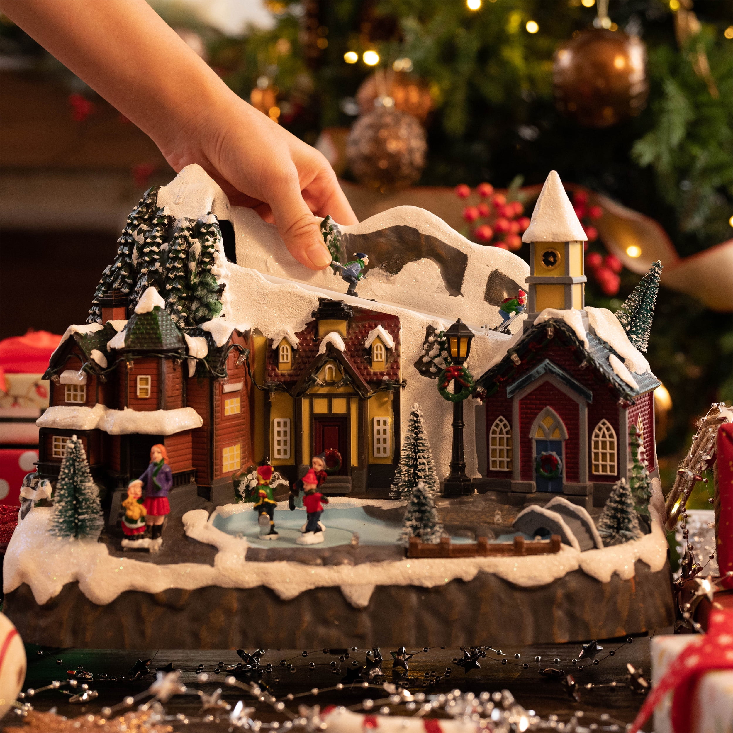 Valery Madelyn 13.3 inches Dynamic Christmas Village, Multi-color Lighted Sledding Down Hill Large Snow Skating Pond Musical Christmas Decoration for Holiday Table Top Decoration - Image 9