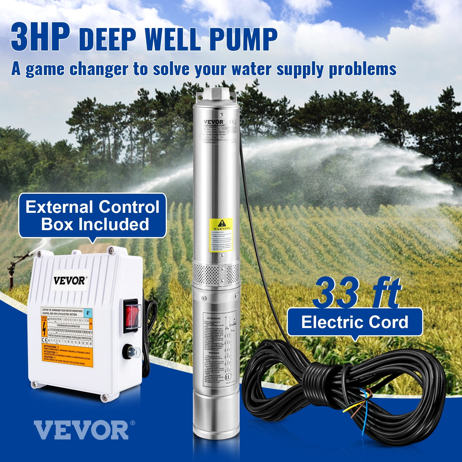 VEVOR 3HP Deep Well Submersible Pump, 37GPM 640 ft Head, with 33 ft Cord & External Control Box, 4 inch Stainless Steel Water Pumps for Industrial, Irrigation and Home Use, IP68 Waterproof, 230V/60Hz - Image 3
