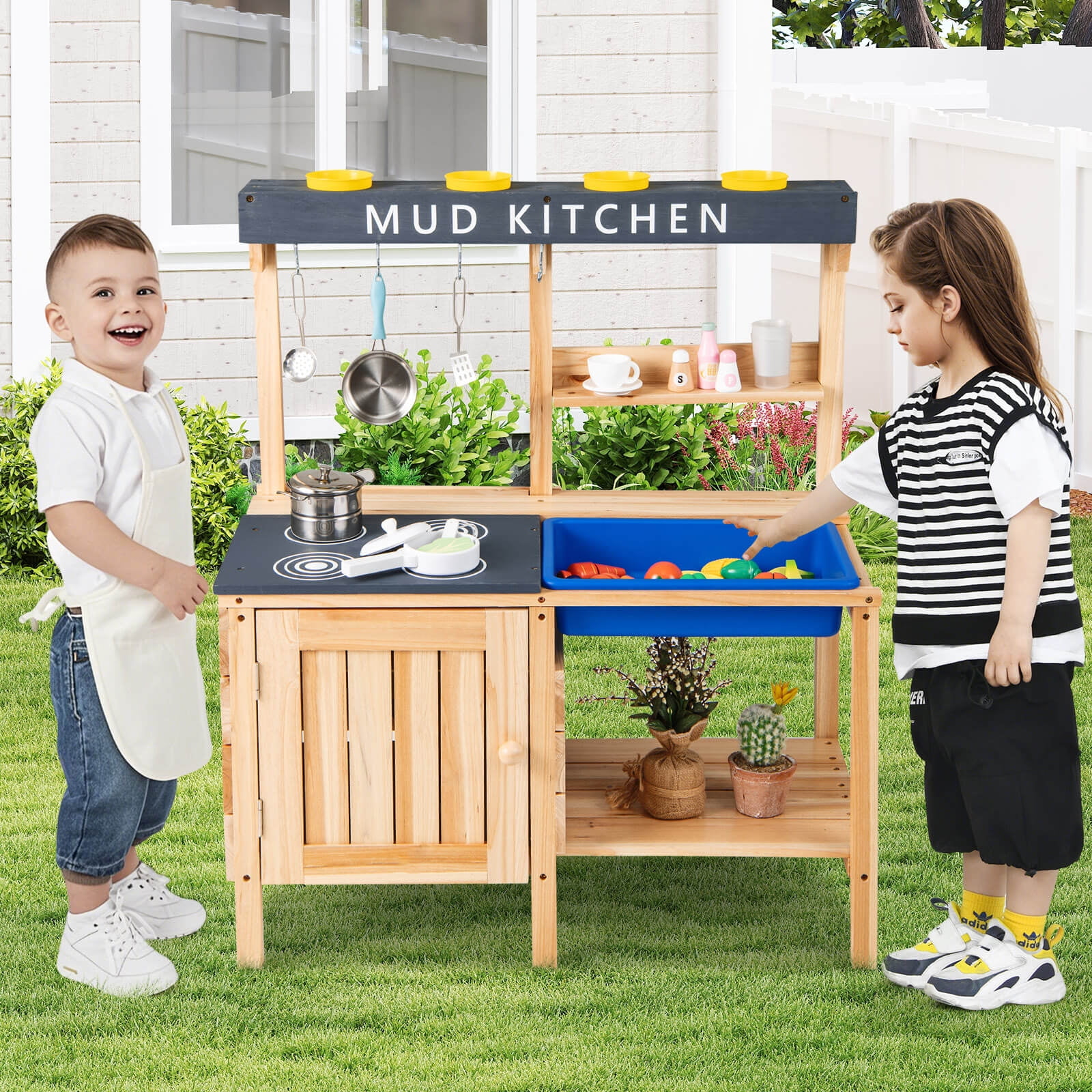 Costway Kids Kitchen Playset Wooden Outdoor Mud Kitchen Pretend Play Toy W/ Kitchenware - Image 9