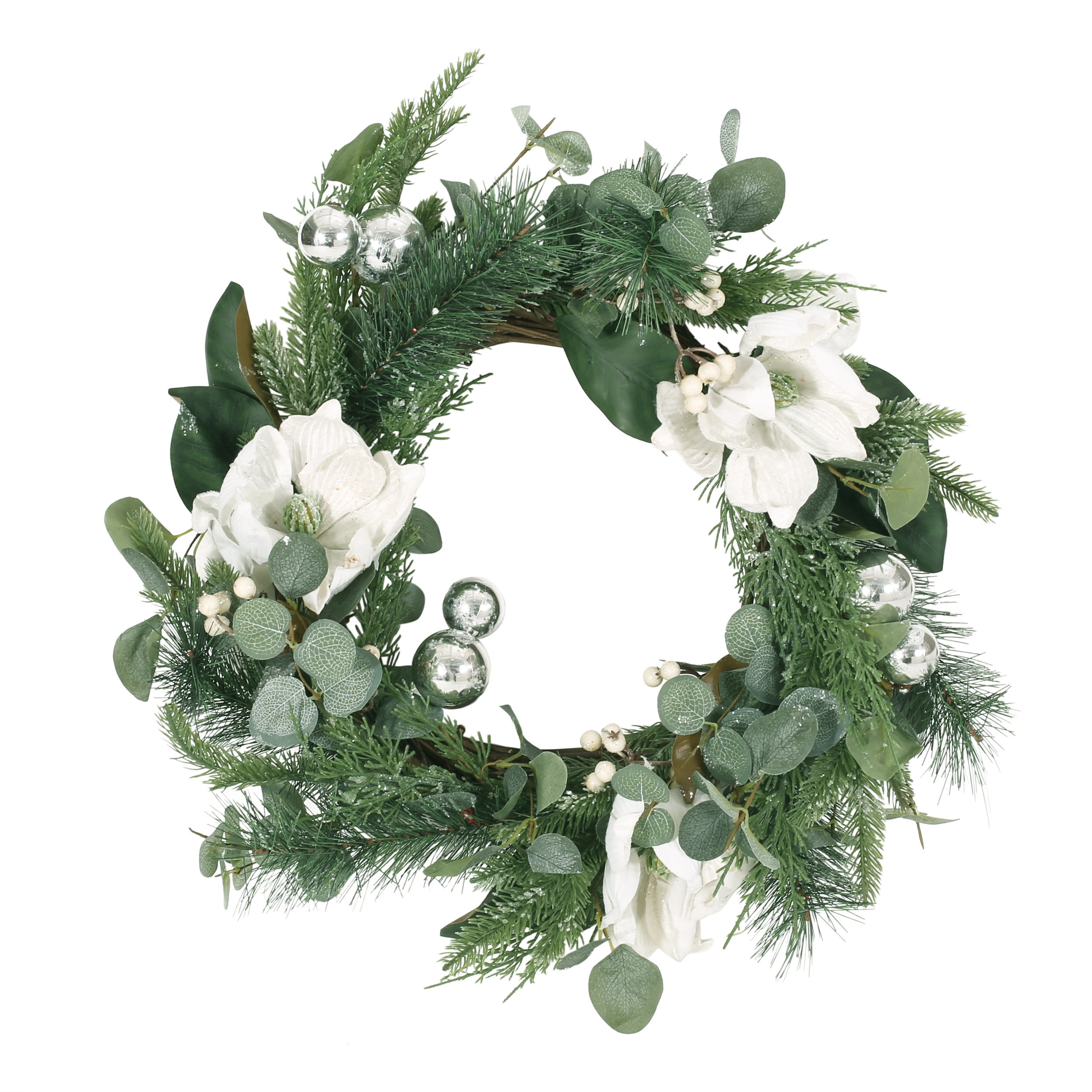 Noble House Torelli Artificial Eucalyptus and Pine Wreath with Magnolias, Green and White, 21.75" - Image 4