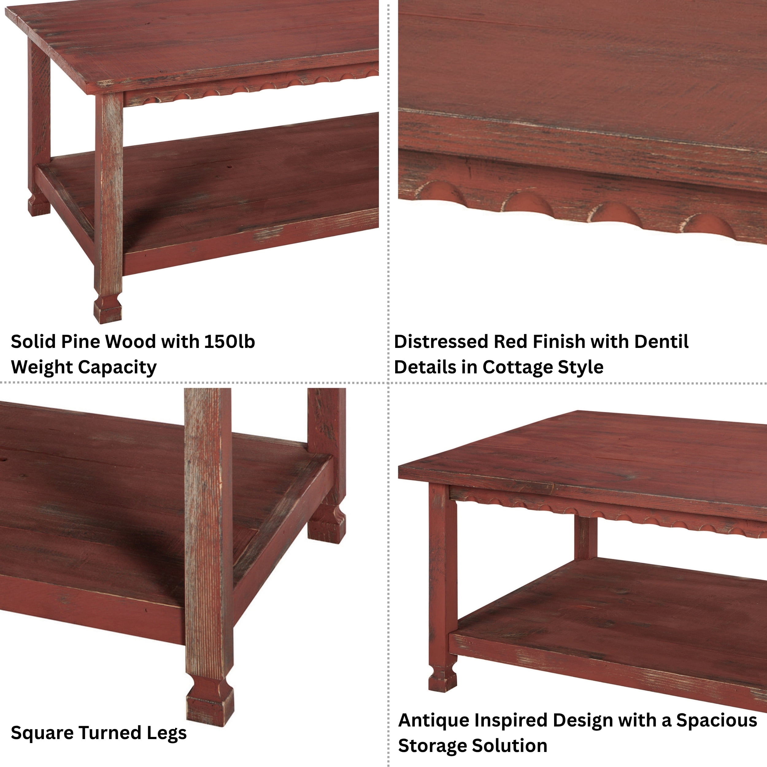 Alaterre Furniture Country Cottage 42" Rustic Rectangular Coffee Table, Solid Wood Living Room Furniture, Red Antique Finish - Image 9