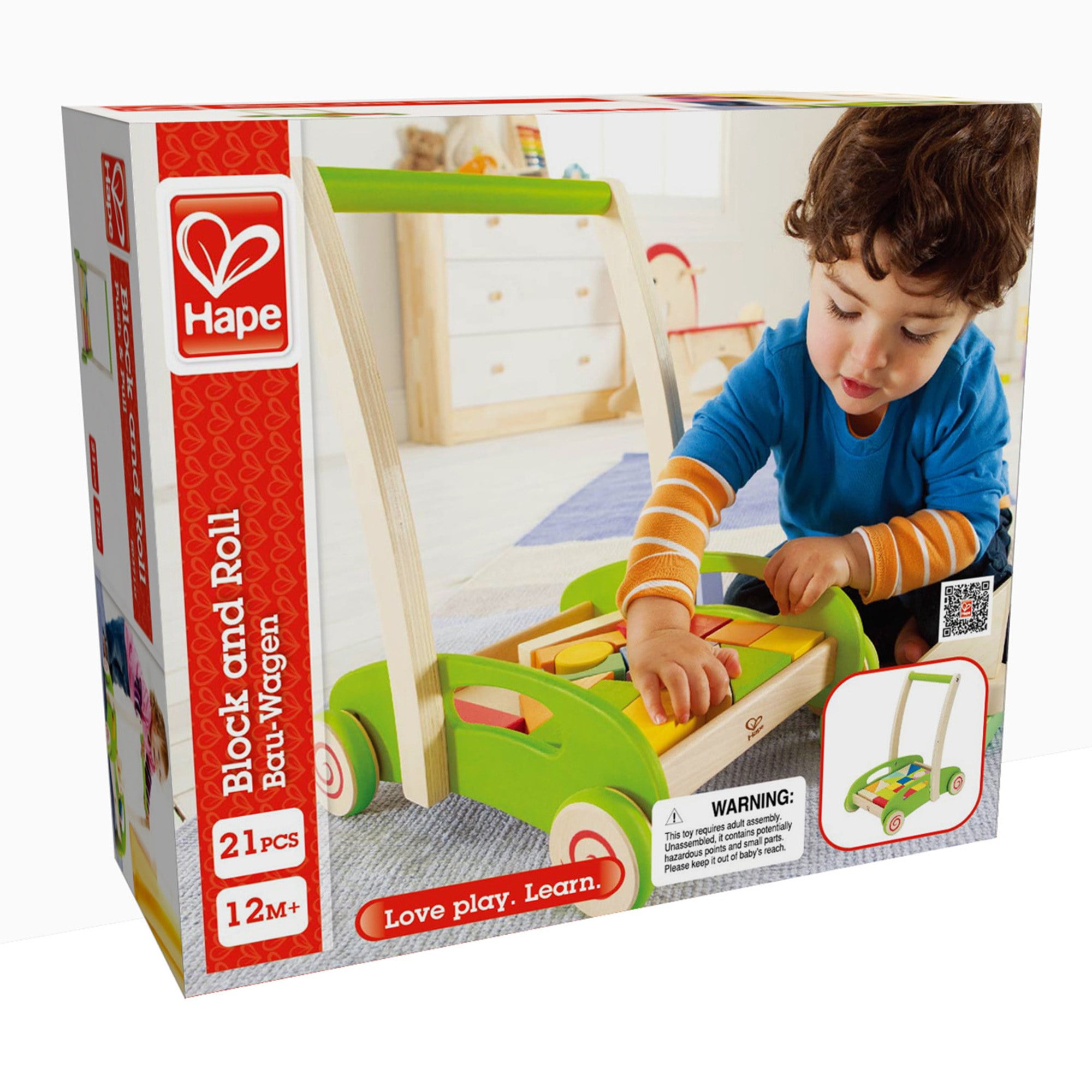 Hape Block & Roll Wooden Push & Pull Toy Cart, Baby & Toddler - Image 4