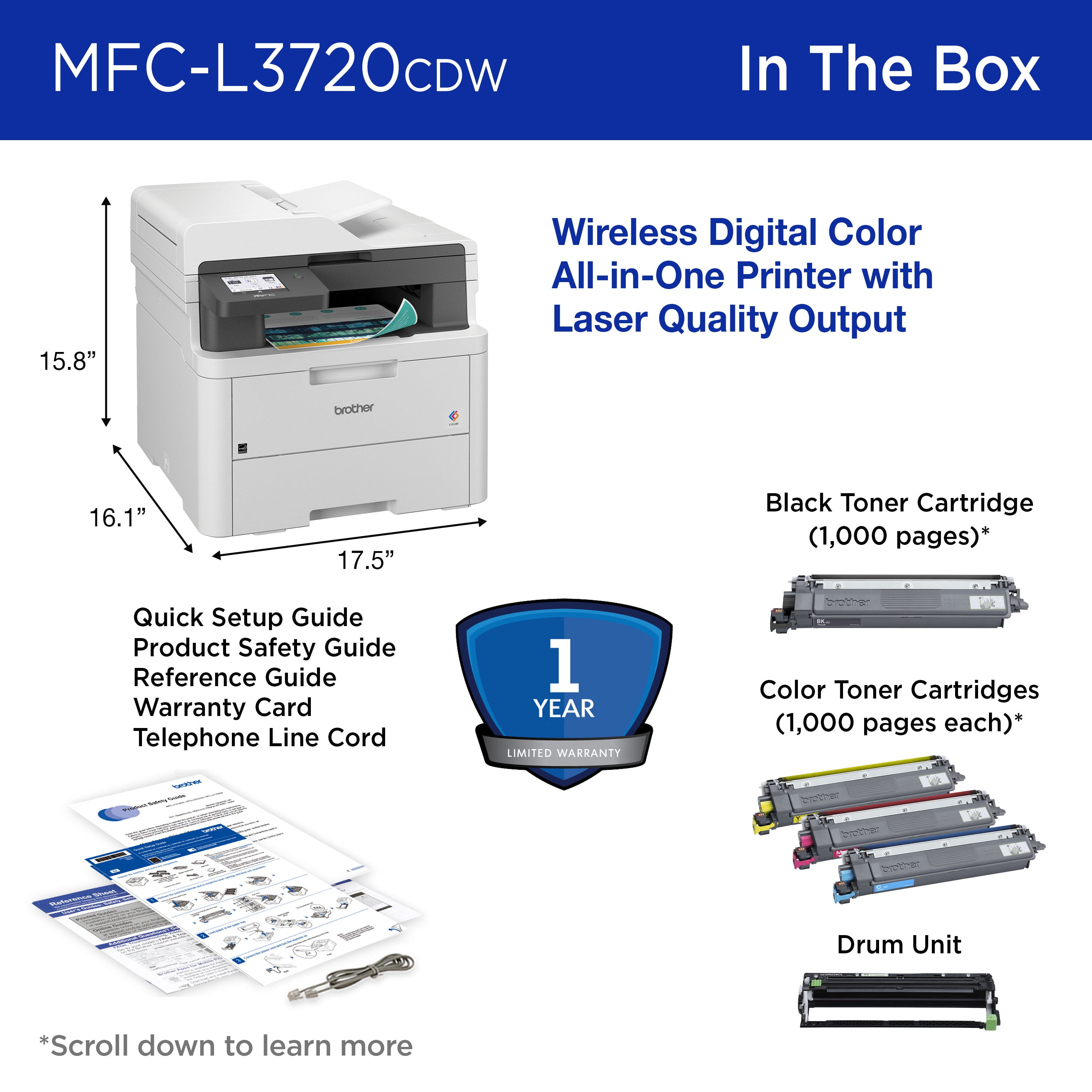 Brother MFC-L3720CDW Wireless Digital Color All-in-One Printer with Laser Quality Output, Copy, Scan and Fax, Duplex and Mobile Printing - Image 3