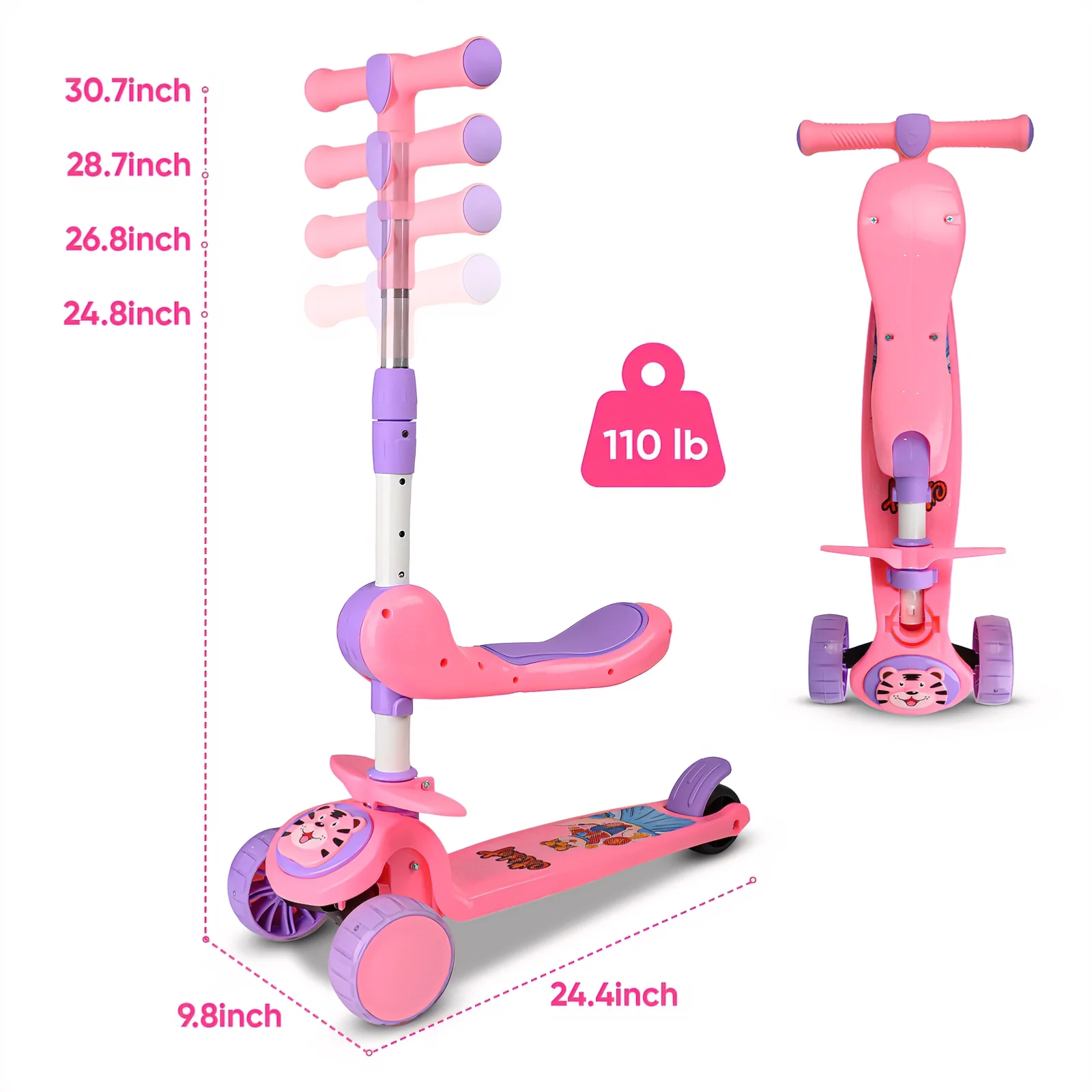 Beefunni Pink Sit-and-Scoot Scooter for Girls, Adjustable Handlebar Kick Scooter, Wide Anti-Slip Deck, LED Flashing Wheels, Rotatable Saddle, Ideal Birthday Christmas Gift for Kids 2-8 - Image 5