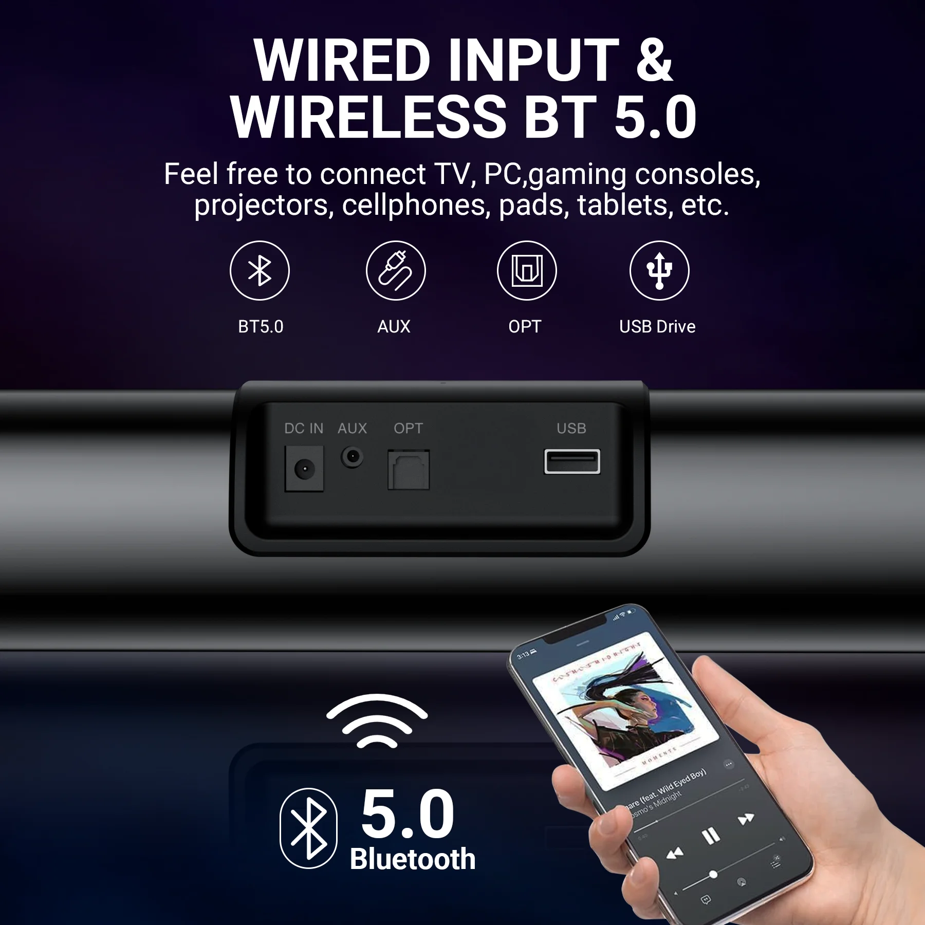 VEATOOL Soundbar for Smart TV, 50Watts-16 Inches Small Bluetooth Sound Bar with Built-in Subwoofer,3D Surround Sound System TV Sound Bar, OPT/AUX/USB Connection, 3EQS, Wall Mountable - Image 3