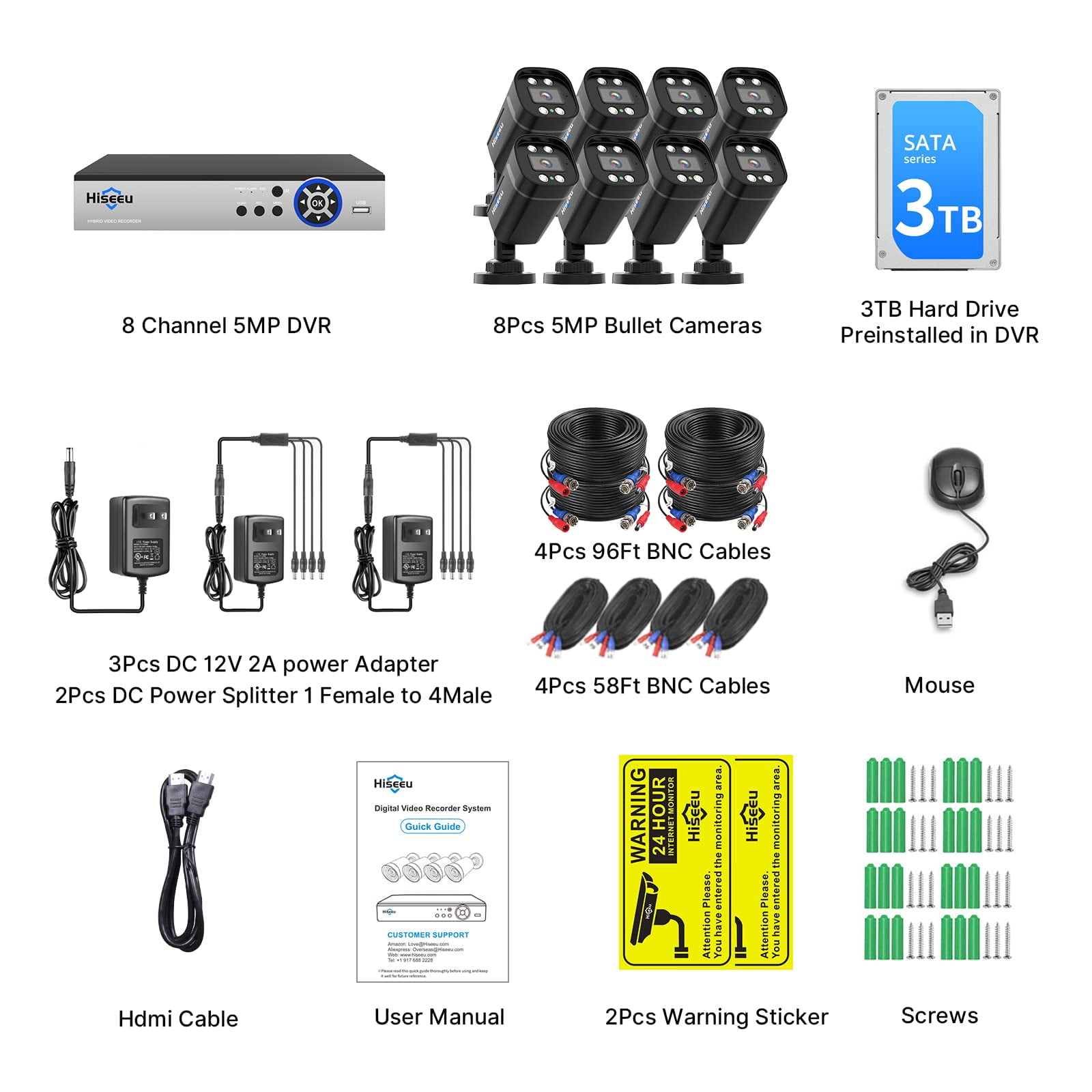 Hiseeu 5MP 8ch Wired Security Camera System Home CCTV Camera Security System w/8pcs Security Cameras Outdoor&Indoor,Remote Access,Person/Vehicle Detection,Night Vision,24/7 Record,3TB HDD - Image 8