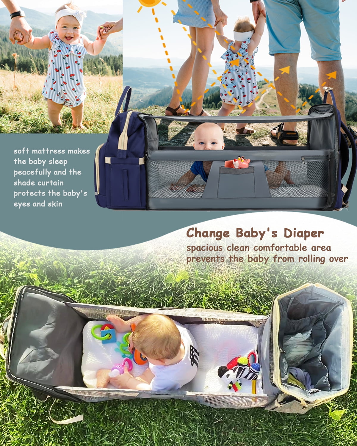 DEBUG Baby Diaper Bag with Changing Station, Baby Shower Gifts - 30L Dual-Use Baby Bag for Girl Boy Mom Dad with 16 Pockets - Travel Diaper Bag Backpack & Bassinet, D-Rings for Stroller, Navy Blue - Image 5