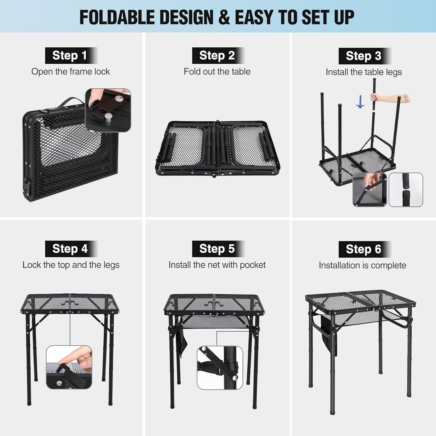 Folding Grill Table, Camping Table with Adjustable Height, Large Storage Bag and Carrying Bag, Portable Aluminum Table for Indoor & Outdoor Picnic BBQ Backyards Beach - Image 3