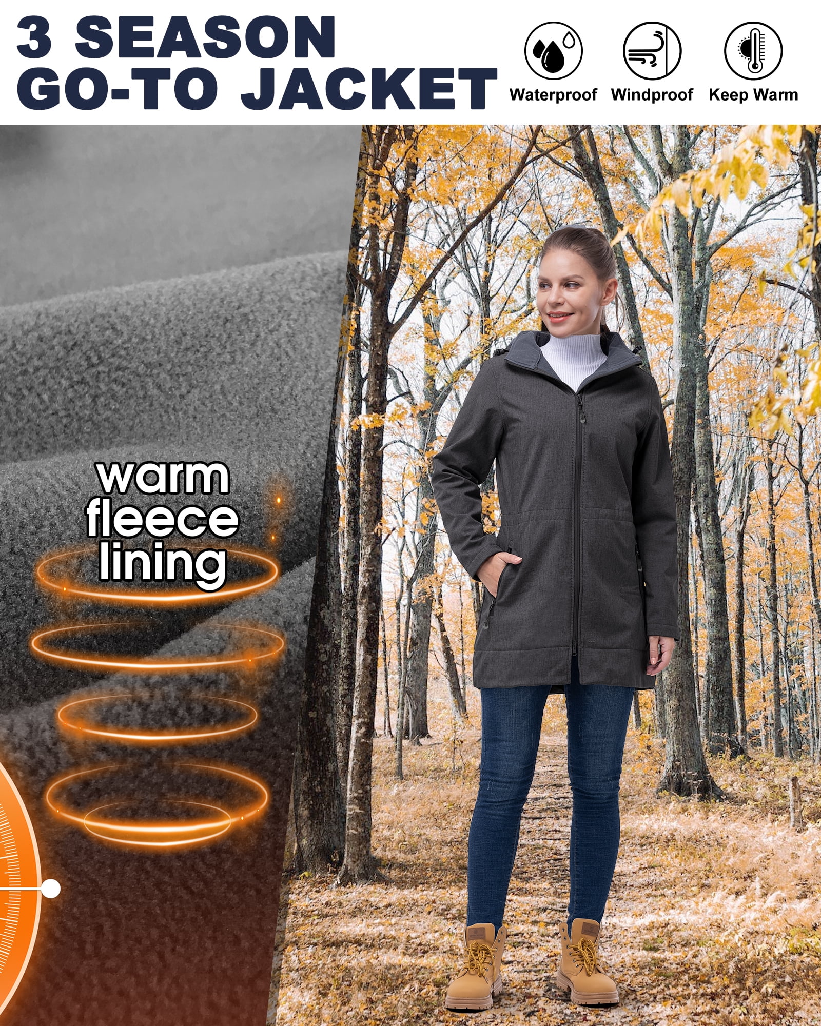 33,000ft Women's Waterproof Softshell Long Rain Jacket with Hood Fleece Lined Windproof Windbreaker - Image 4