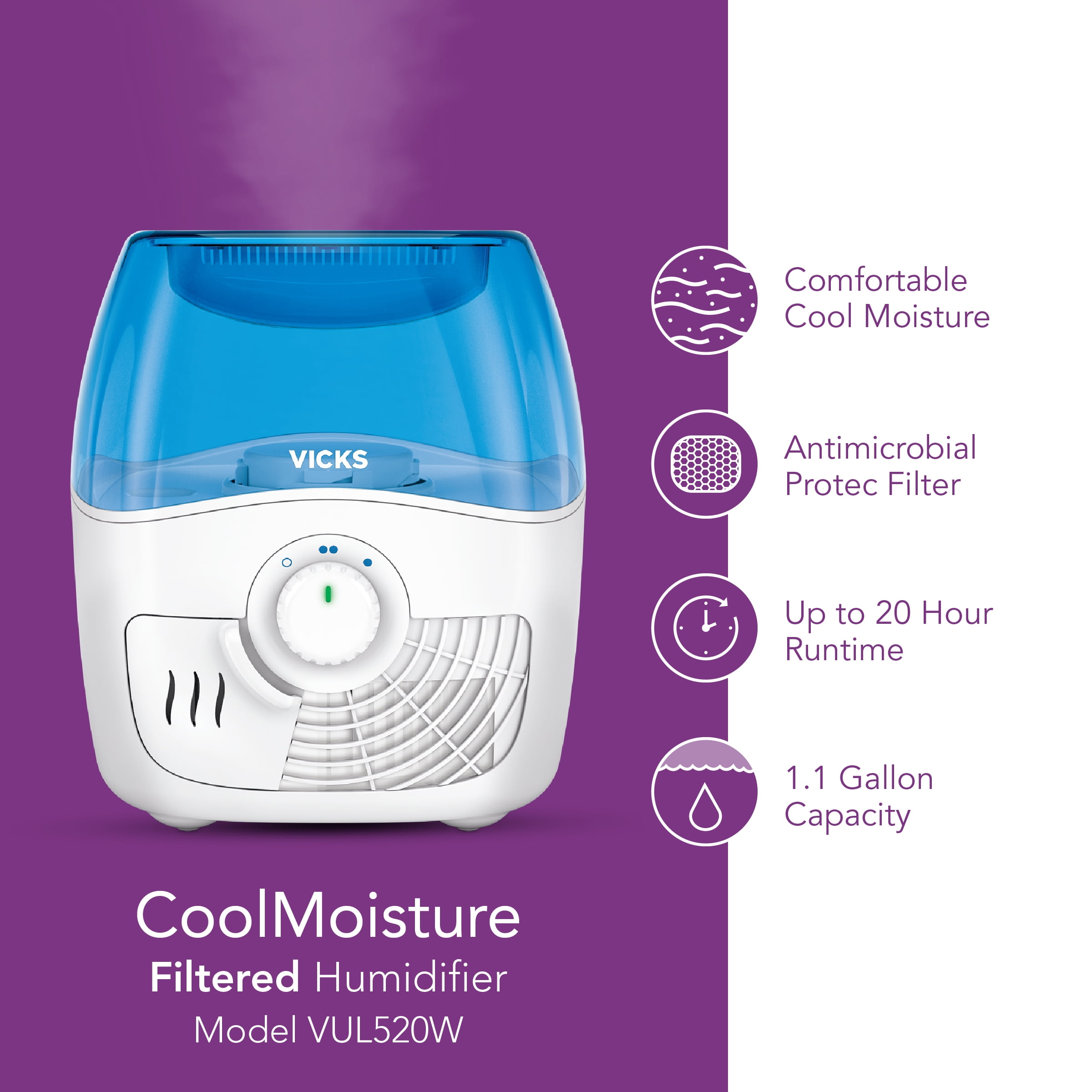 Vicks 1.1 Gallon Filtered Cool Moisture Humidifier, VEV400, White/Blue - Image 4