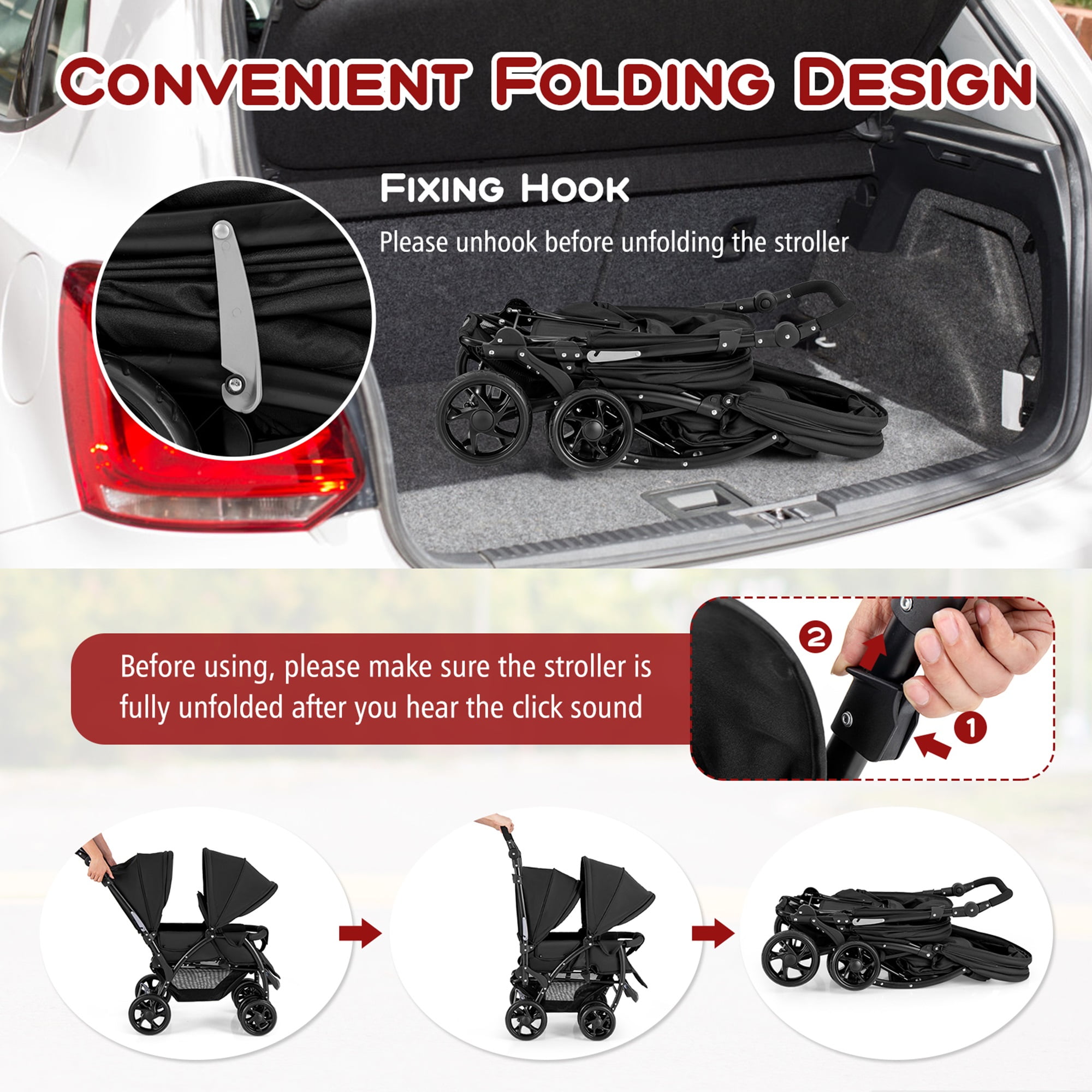 Costway Double Stroller Foldable Baby Twin Lightweight Travel Stroller Infant Pushchair Black - Image 8