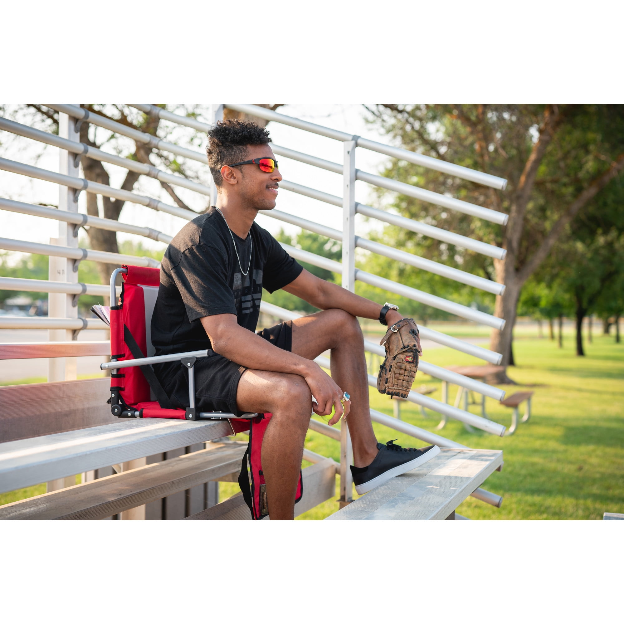 Stansport Tubular Frame Folding Stadium Seat with Arms - Red/Tan - Image 4