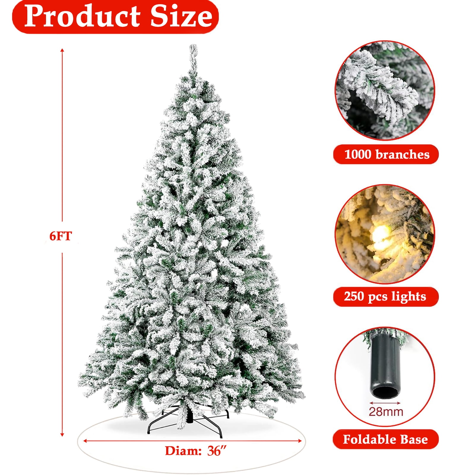 SUGIFT 6ft White Artificial Frosted Christmas Tree, Premium Holiday Pine Branches, Foldable Metal Base w/ 1000 Tips 250 Warm-White, Christmas Decor - Image 6