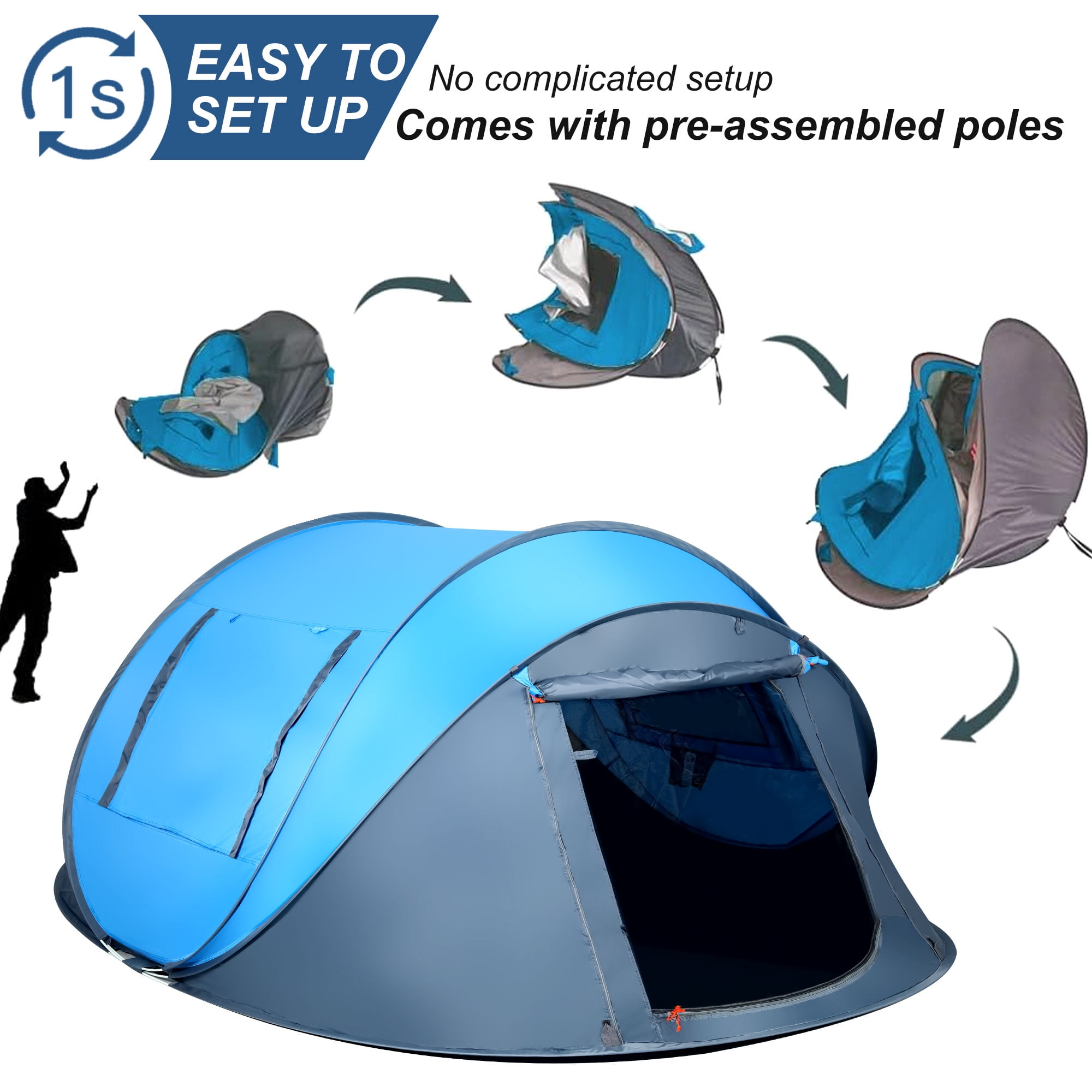 6 Person Easy Pop up Tents for Camping, GVDV 2 Doors-Instant Family Tents with Poles (Blue) - Image 6