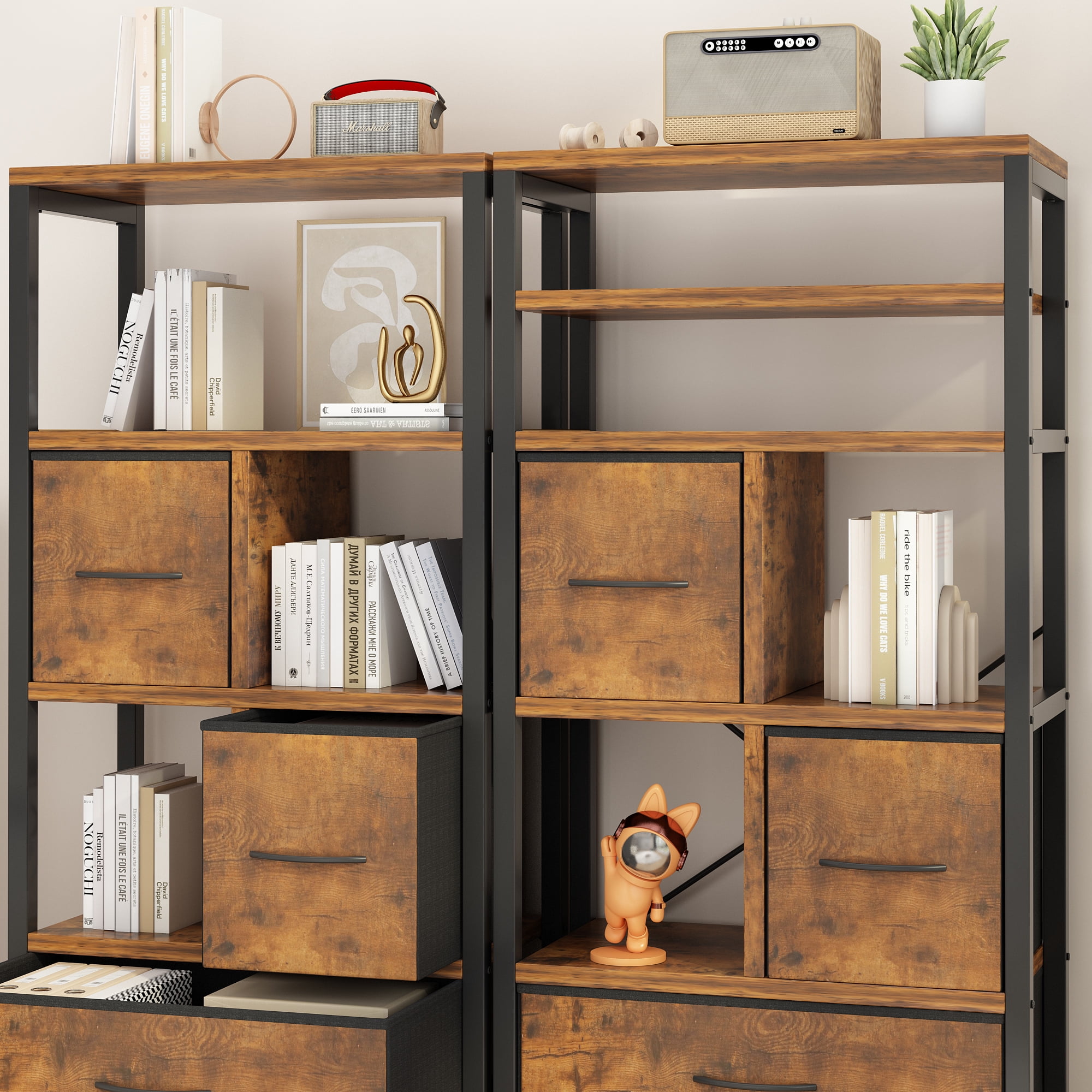 Zimtown 5-tier Iron Bookcase with 4 Drawers, Free Standing Bookshelf Storage Organizer Display shelf with Metal Frame, Brown - Image 6
