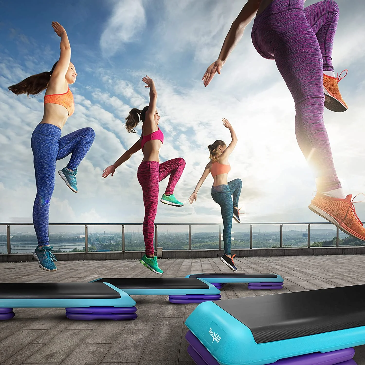 Yes4All Adjustable Aerobic Step Platform, 40 in x 16 in with 4 Risers, Teal, Black and Purple - Image 3