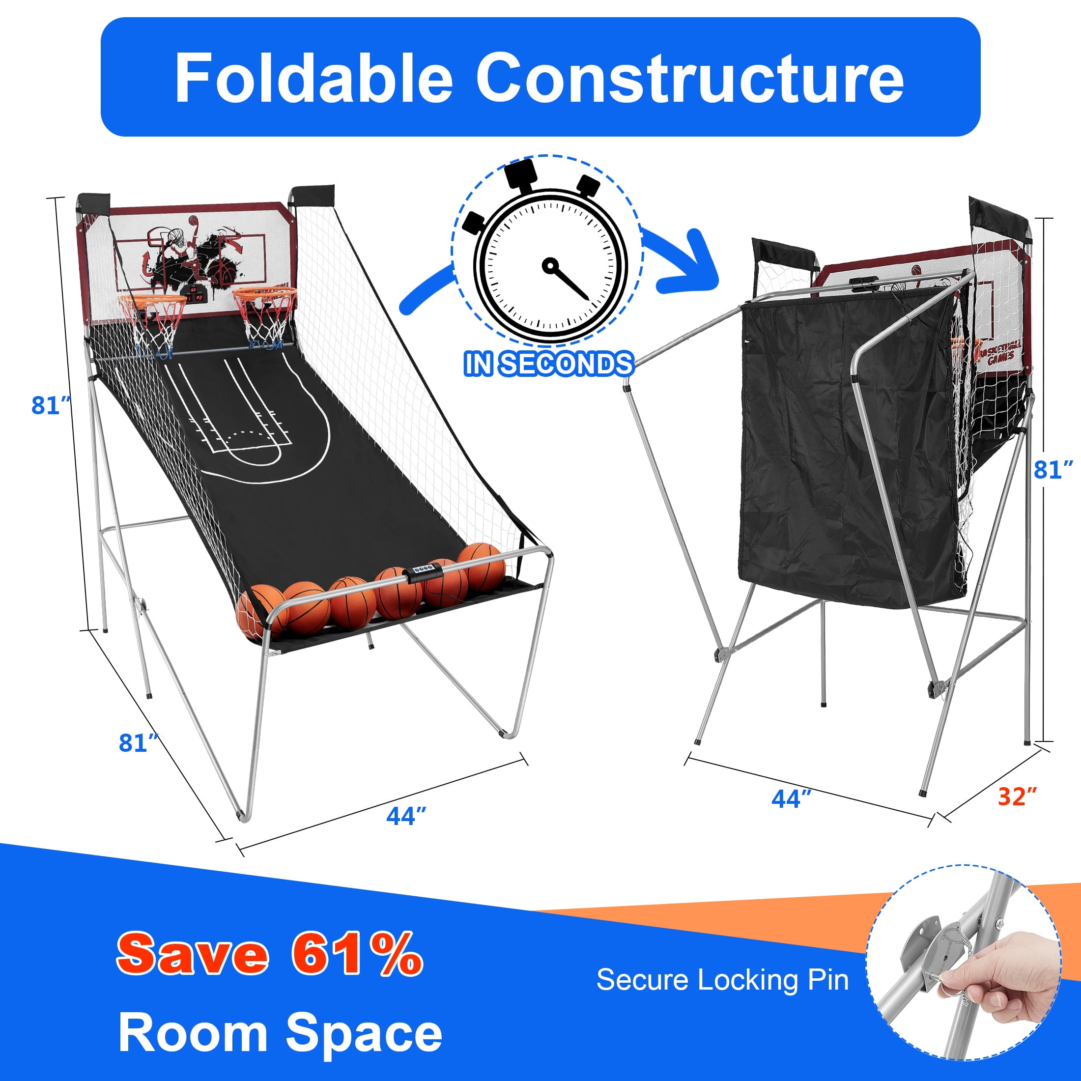 Dual Shot Basketball Arcade Game, Segmart 81"x44" Foldable Indoor Electronic Arcade Basketball Game with 6 Balls, 8 Modes, LED Scoreboard, Air Pump, Battery Powered for Adults, Black - Image 6