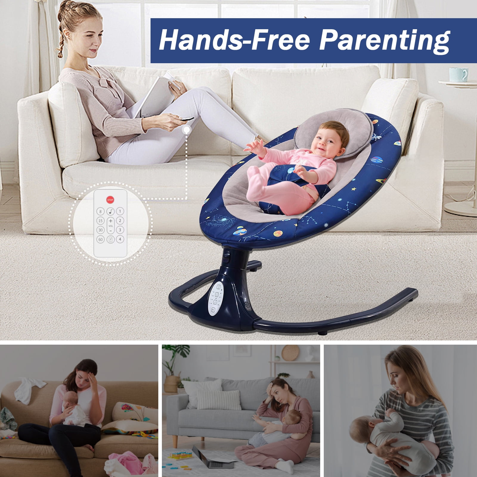 YYW Electric Baby Swing for Infants - Remote Control, Bluetooth Music, 4 Speed & Timing Setting, Blue - Image 5