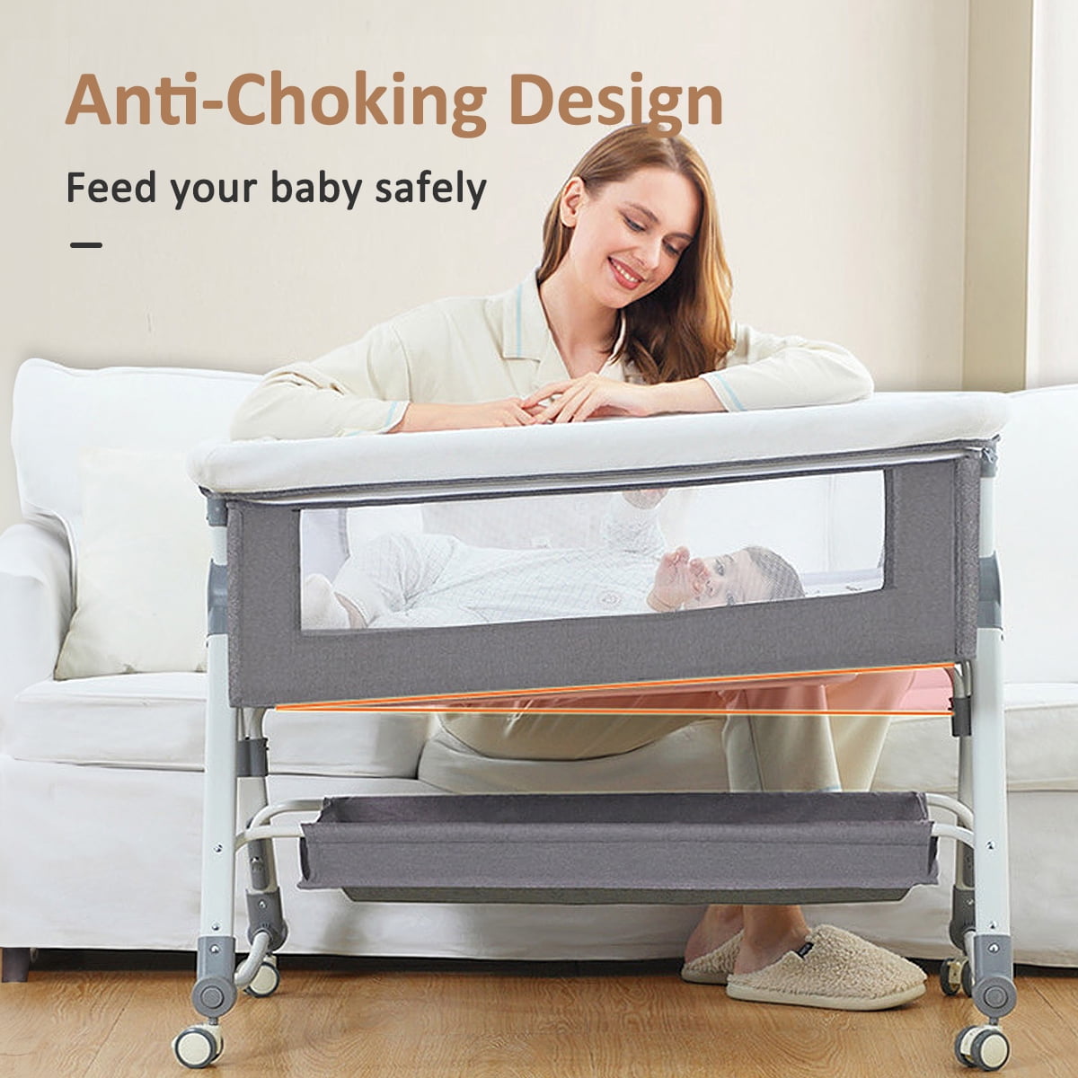 BEJOLO 5-in-1 Baby Bassinet, Adjustable Height Infant Bedside Crib with Diaper Table, 0-24 Months, Gray - Image 12