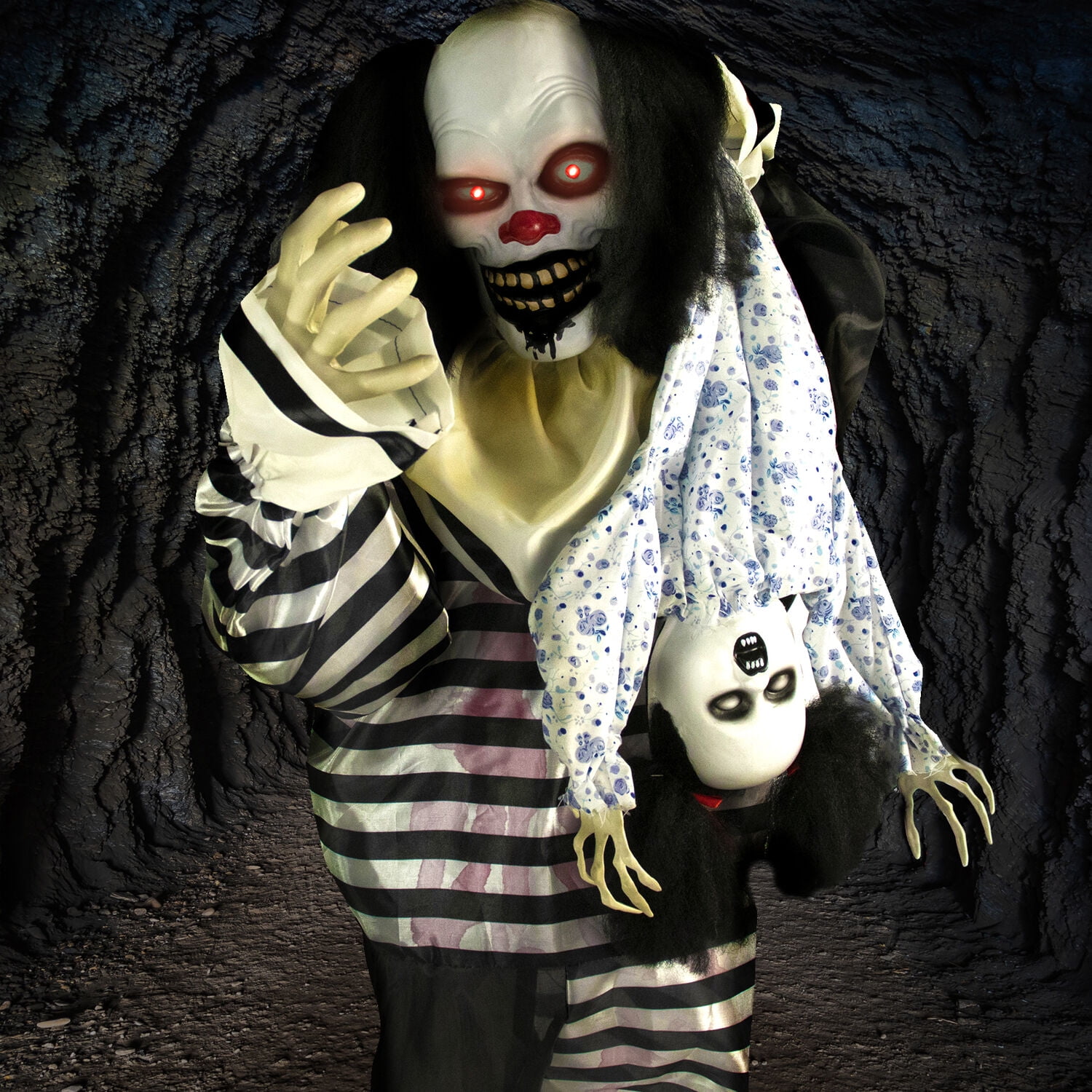 Haunted Hill Farm 6 ft Animatronic Clown with Doll, Life-Sized Halloween Prop, HHCLOWN-10FLSA - Image 3