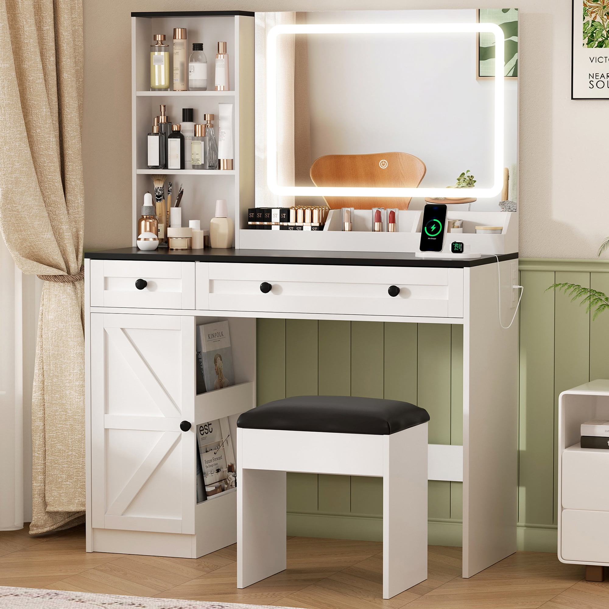 Vabches Vanity Set with Mirror and Lights, Modern Makeup Table with Storage Shelves & Drawers for Bedroom, White - Image 10