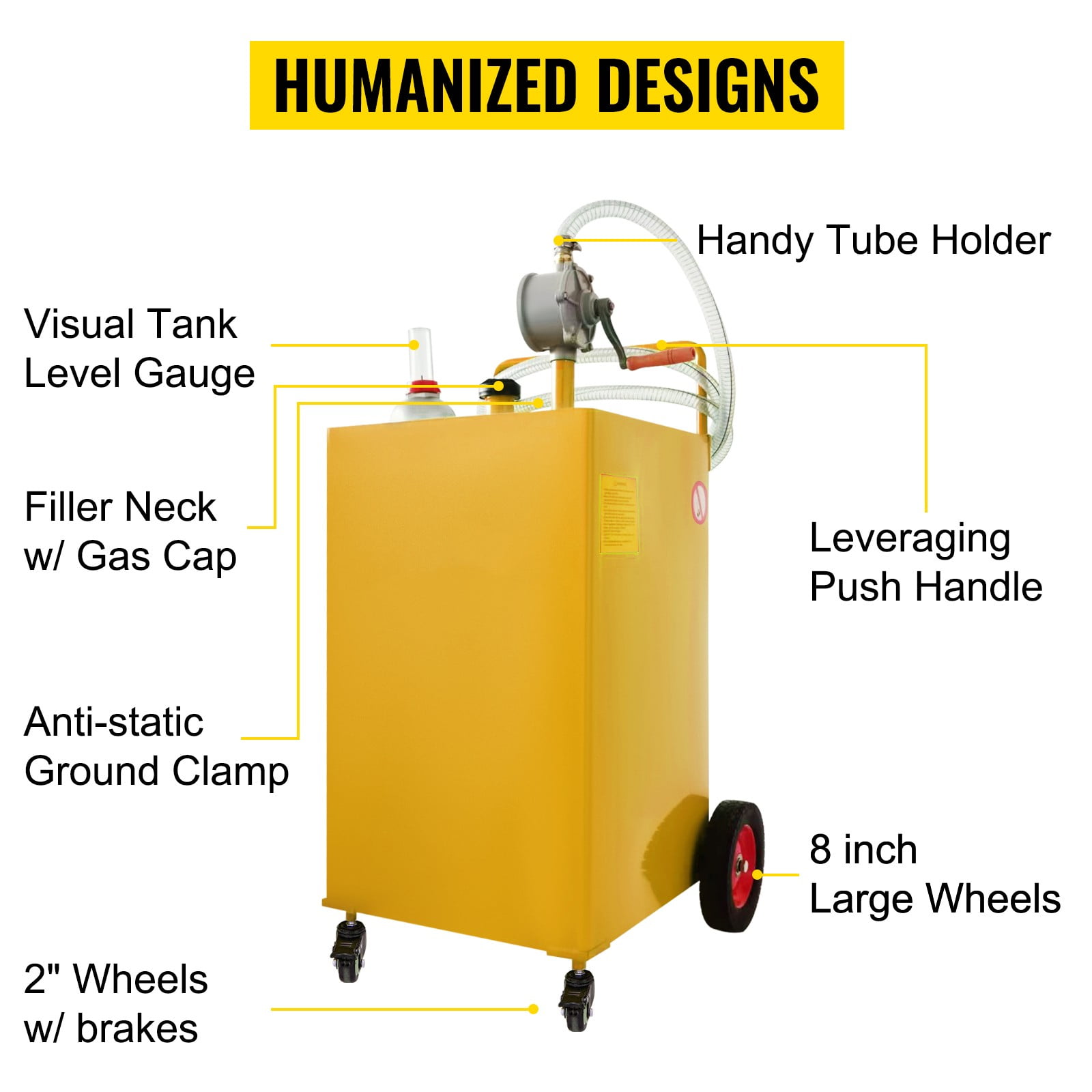 BENTISM Fuel Caddy, 30 Gallon, Gas Storage Tank & 2 Wheels, with Manuel Transfer Pump, Gasoline Diesel Fuel Container for Cars, Lawn Mowers, ATVs, Boats, More, Yellow - Image 4