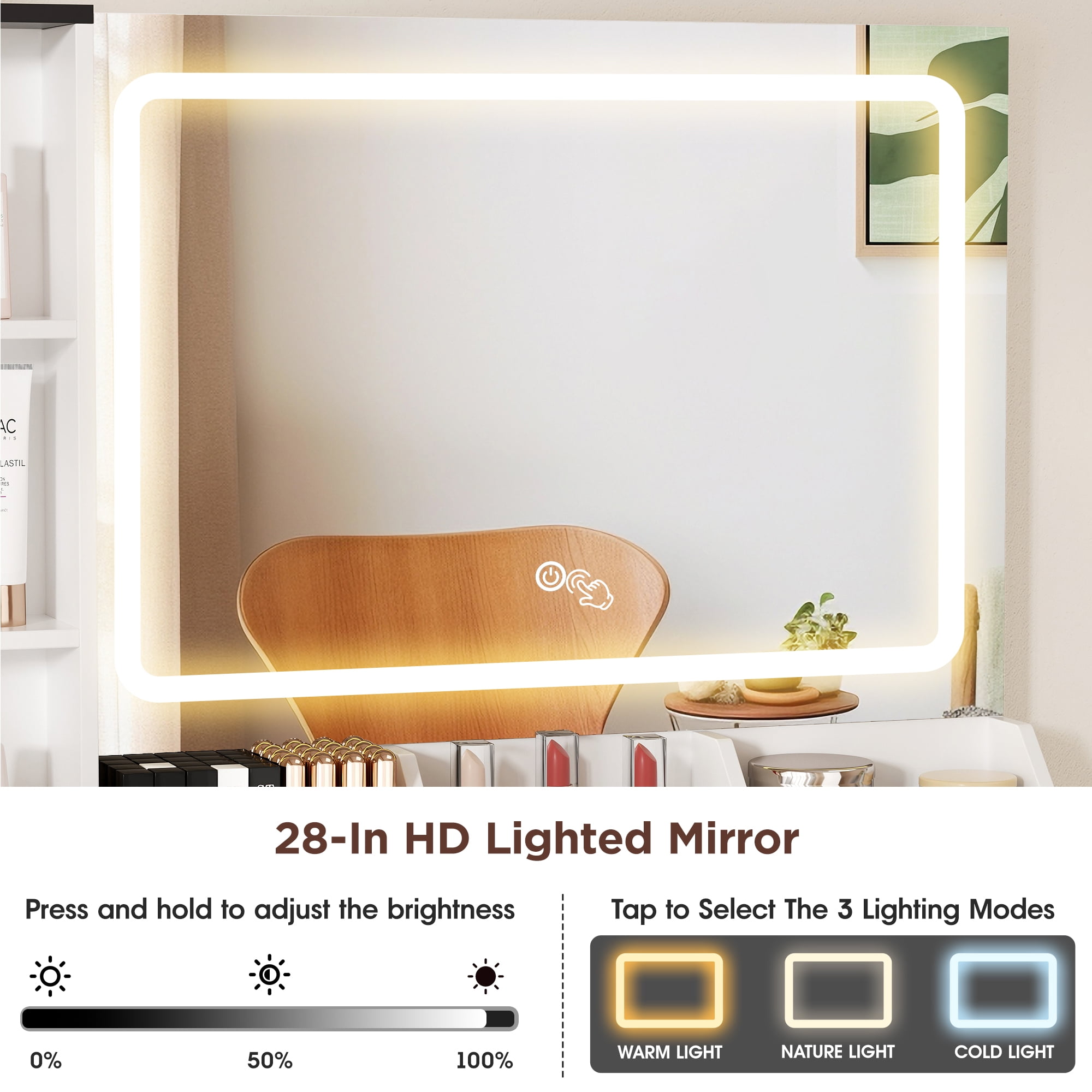 Vabches Vanity Set with Mirror and Lights, Modern Makeup Table with Storage Shelves & Drawers for Bedroom, White - Image 9