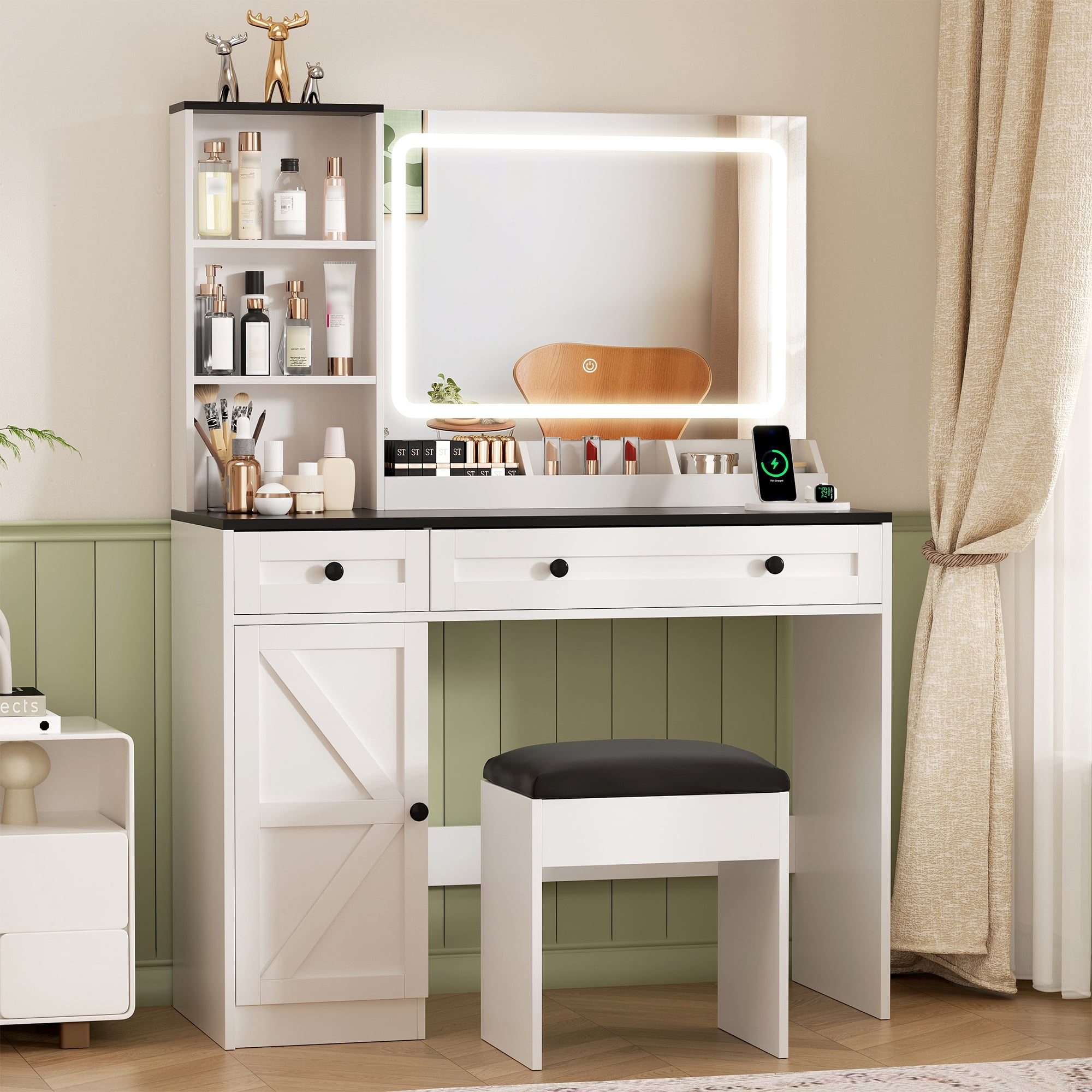 Vabches Vanity Set with Mirror and Lights, Modern Makeup Table with Storage Shelves & Drawers for Bedroom, White - Image 5