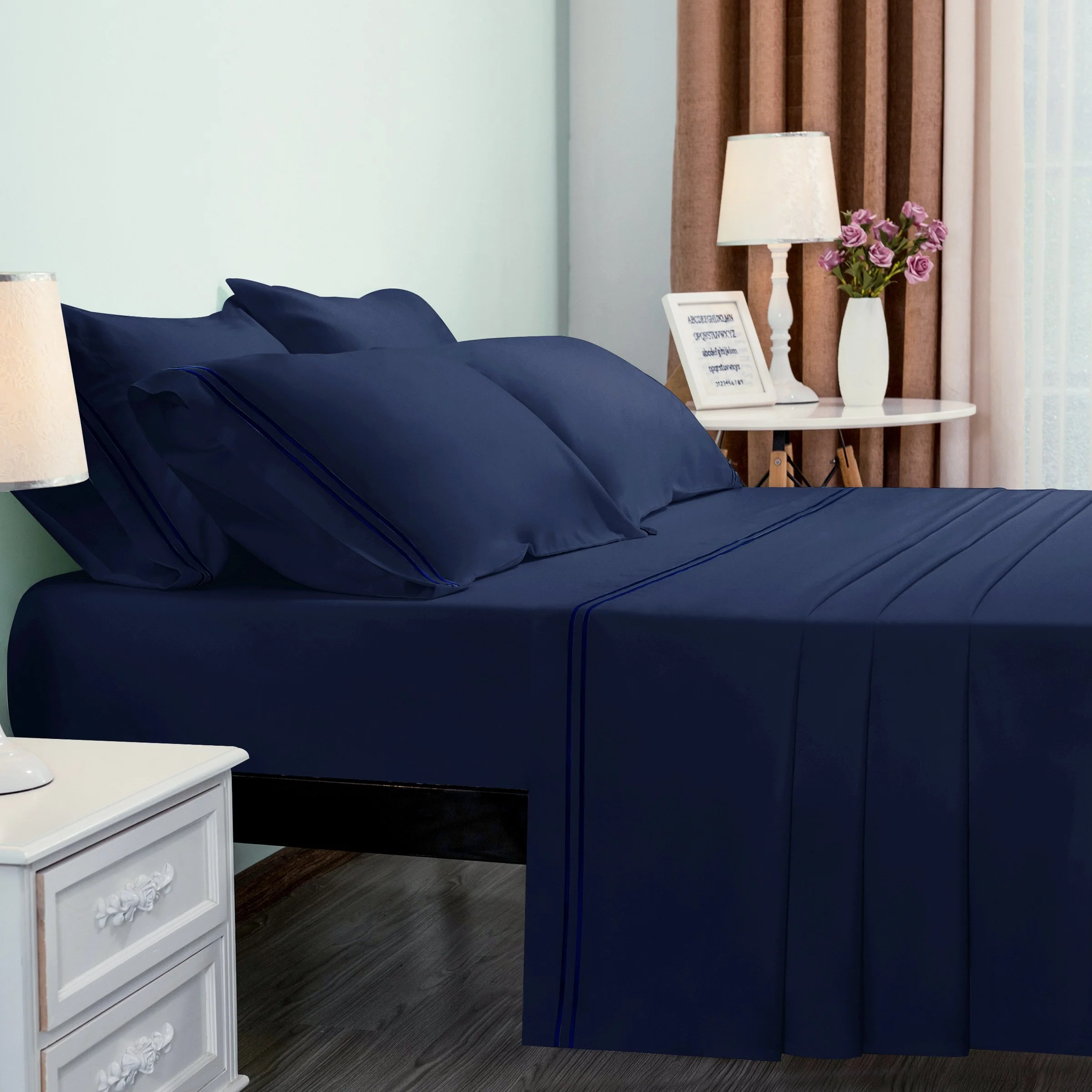 Subrtex 300 Thread Count Cotton and Tencil Bed Sheet Sets Wrinkle Resistant (Twin, Navy) - Image 2