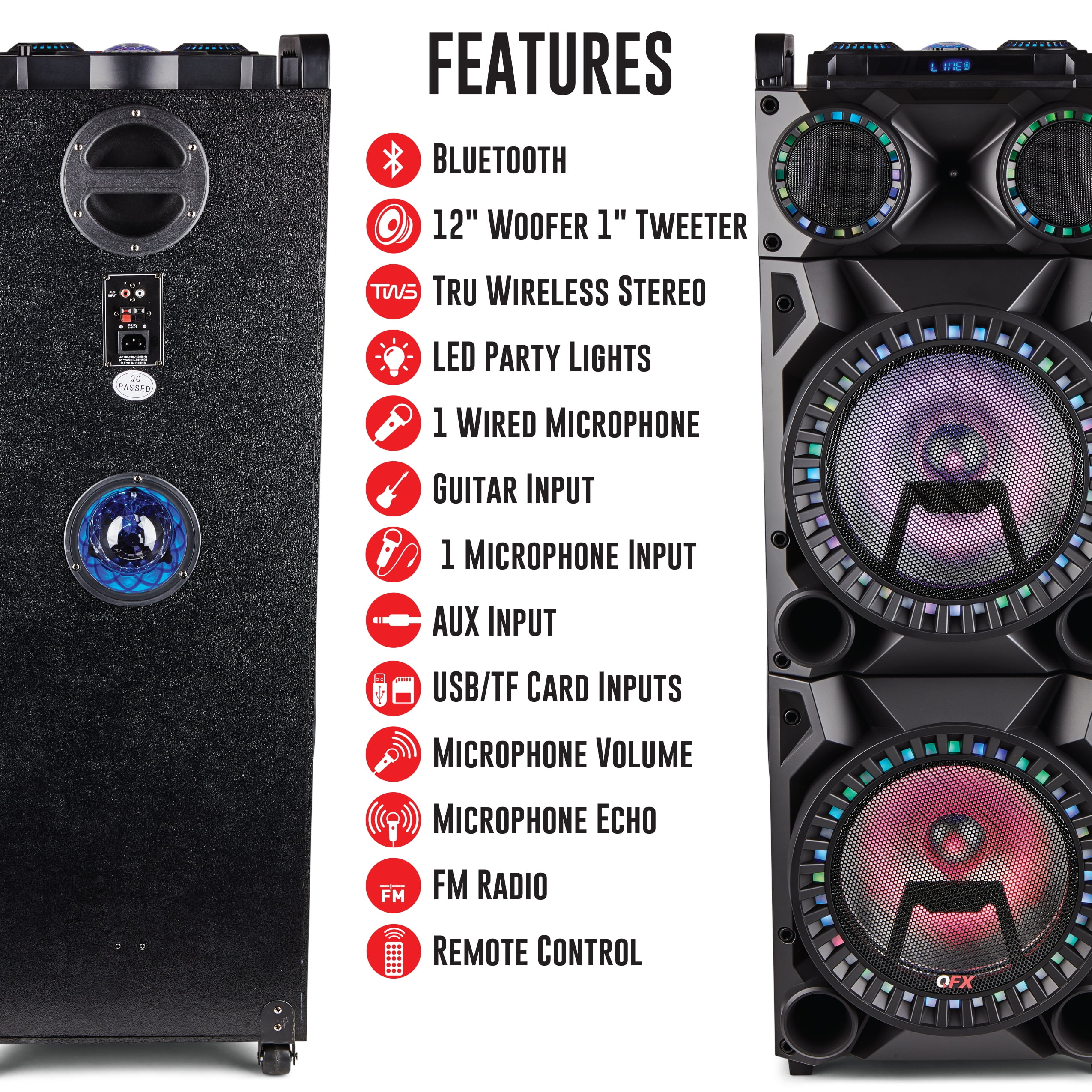 QFX PBX-1215 DUAL 12” BLUETOOTH RECHARGEABLE SPEAKER WITH LED PARTY LIGHTS, INCLUDES REMOTE CONTROL - Image 11